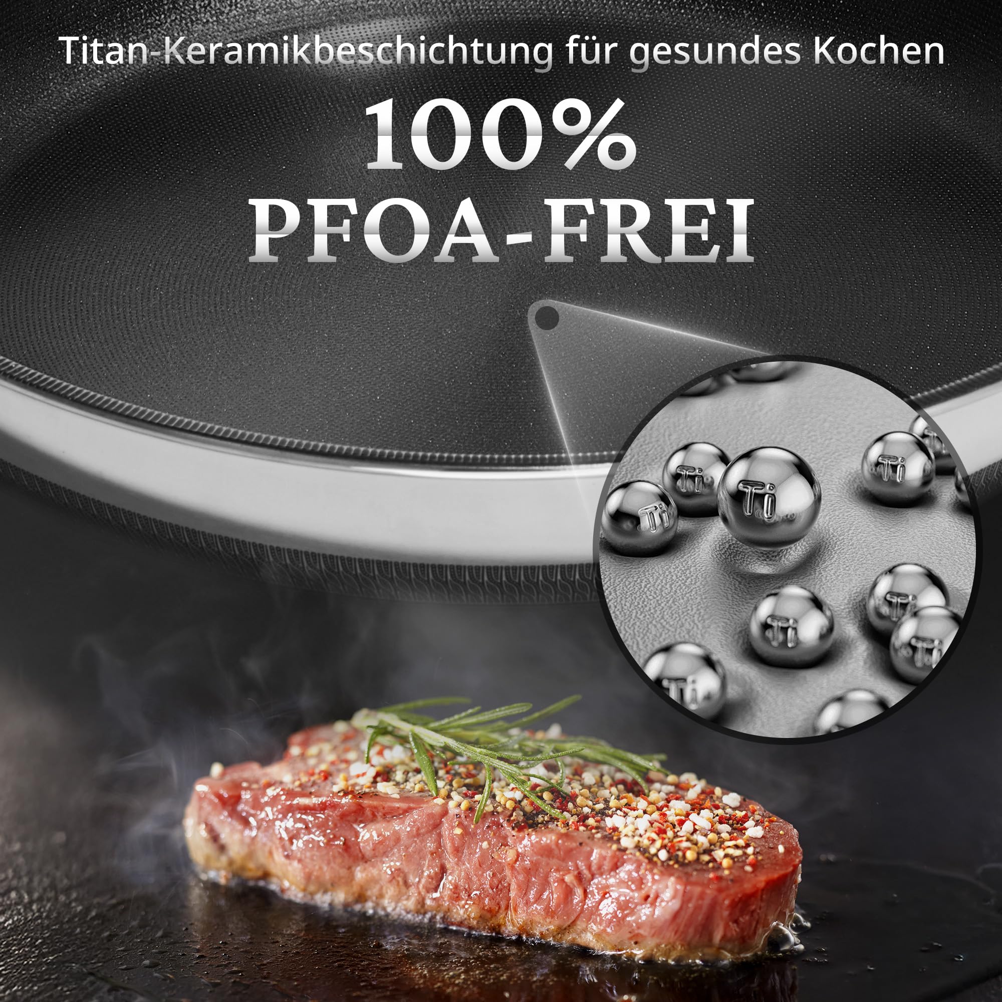 KOKHUB Edelstahlpfanne 28cm mit Titan-Keramik Beschichtung, 100% PTFE & PFAS-frei, Kratzfeste Bratpfanne Induktion, 3-Schicht Antihaftpfanne für alle Herdarten, Backofengeeignet