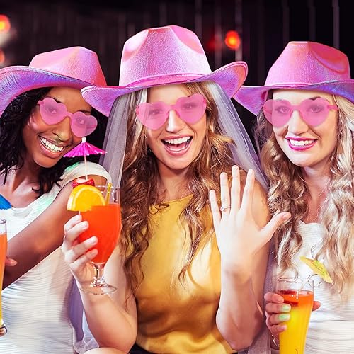 Miniatura 5 de Coume 23 sombreros de vaquero iluminados, brillantes holográficos, sombreros de vaquera con lentes de sol de corazón para mujer, disfraz de fiesta