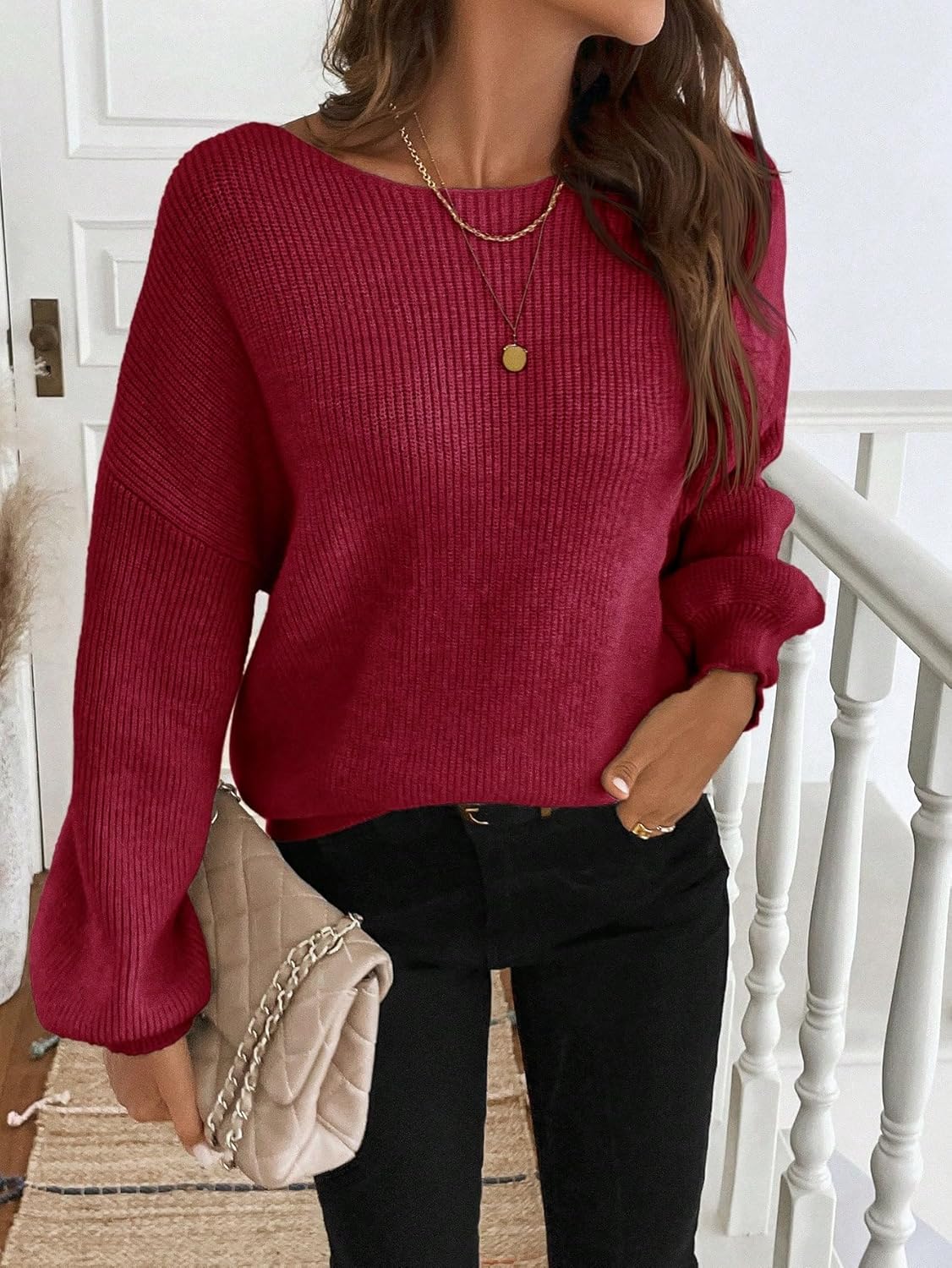 Women's Off The Shoulder Pullover Bow Tie Crew Neck Long Sleeve Sweater Cute Trendy Cozy Sweaters - Image 5