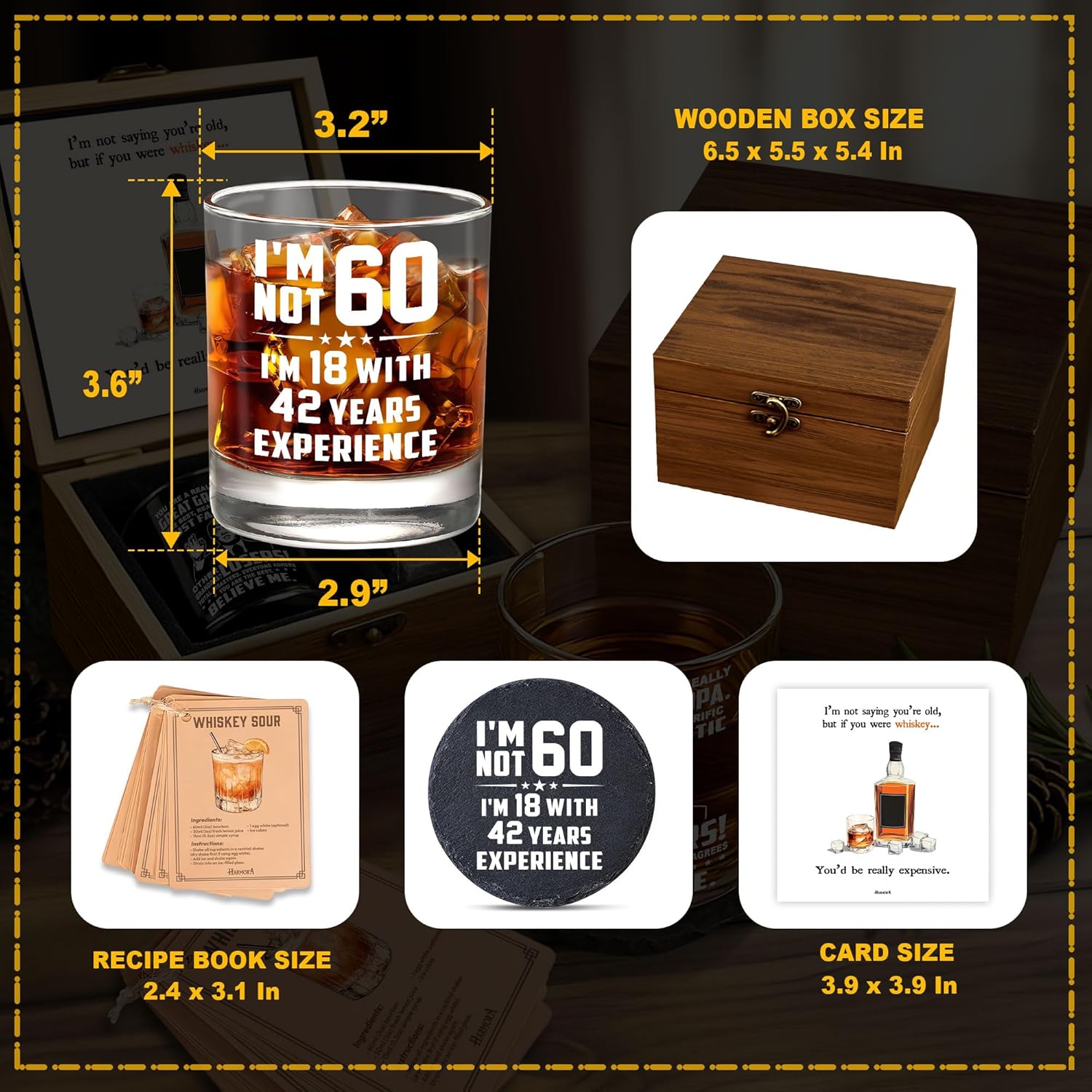 60th Birthday Gifts for Men – Funny Whiskey Glass Set for Him Born in 1966 – 60 Year Old Gift Ideas for Dad, Grandpa, Husband, Friends – Wooden Box, Coaster, Cards - Image 3