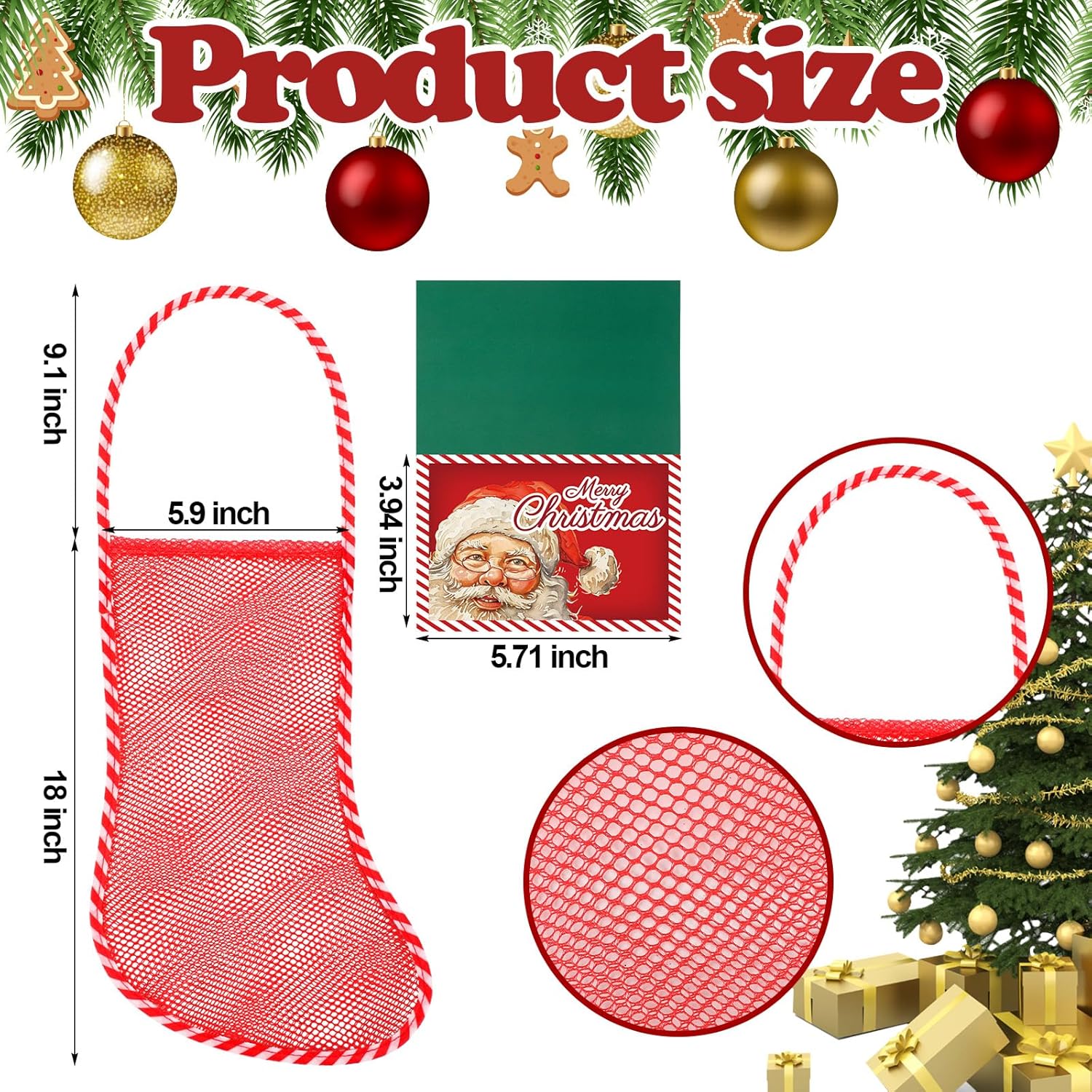 Leyndo 100 Pcs Long Mesh Christmas Stockings Bulk with 50 Pcs 18 Inches Christmas Stockings 50 Pcs Santa Header Card Candy Cane Xmas Stockings for Event Gift Stuffing Family Holiday Party