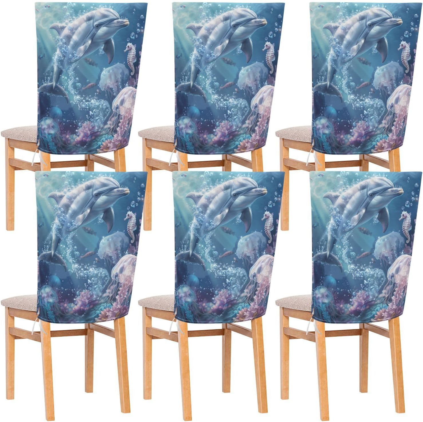 ALAZA Dolphin Seahorse and Jellyfish Chair Back Cover Set of 6, Washable Reusable Removable Chair Slipcovers Decorative Chair Cover for Home Kitchen Wedding Party