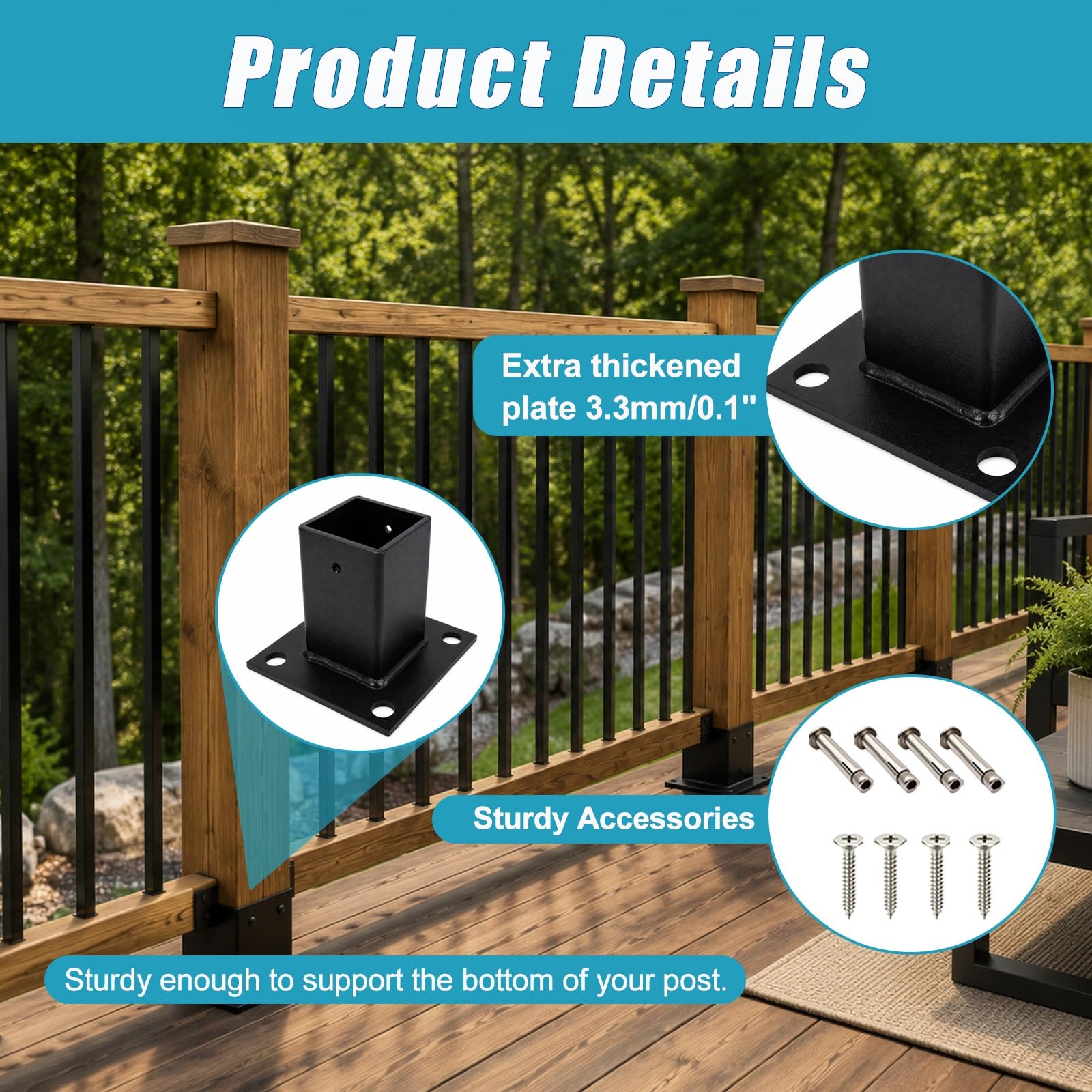 4 Pack Soporte poste gazebo negro con pintura polvo kit montaje | Soporte de poste resistente y resistente al óxido buzones/cubiertas/herrajes construcción exteriores(71x71mm/2.8x2.8")
