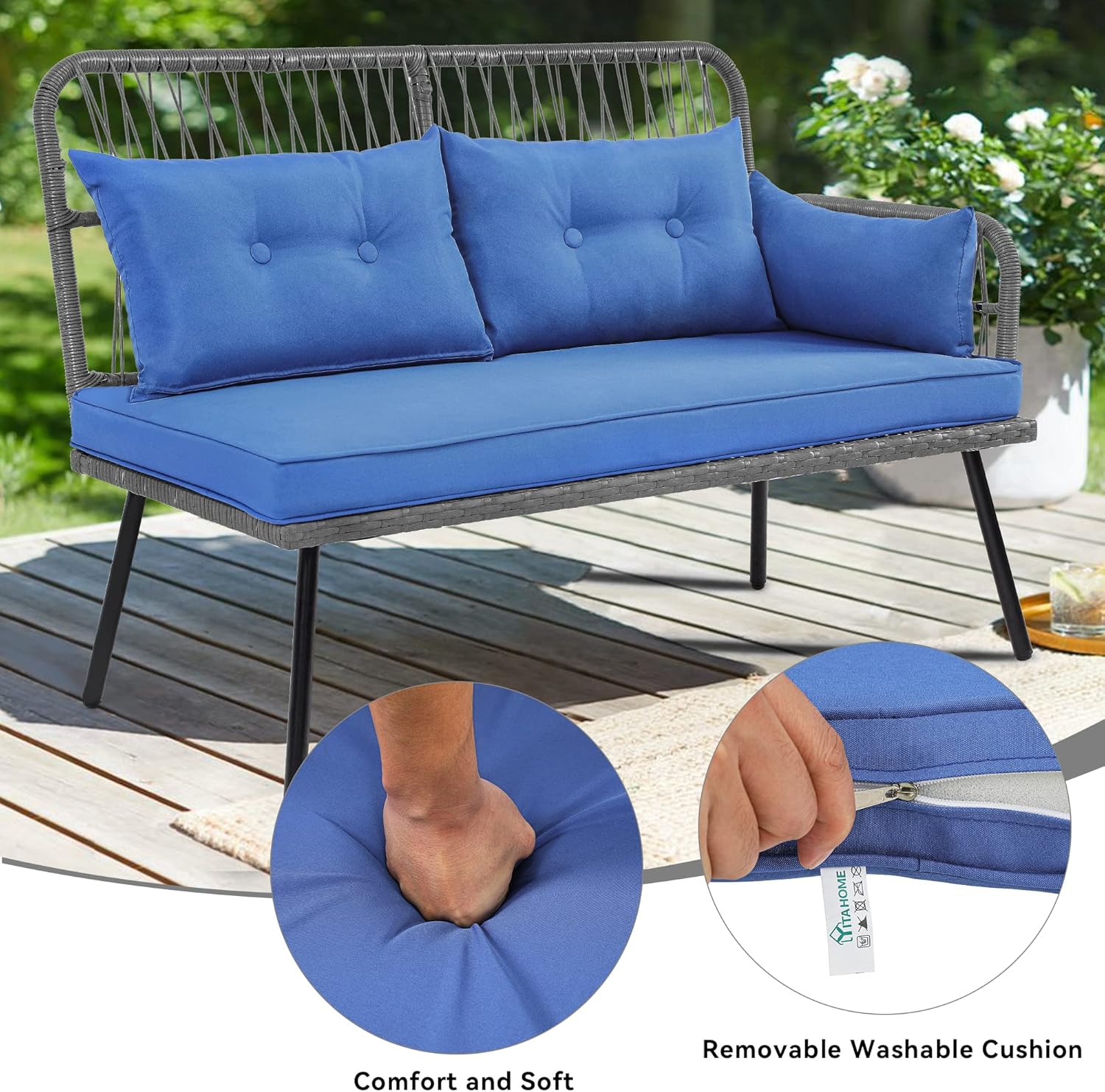 YITAHOME Patio Furniture L-Shaped Coversation Sectional Outdoor Sofa Set for Backyard, Porch with Thick Cushions Detachable Lounger, Side Table (Gray+Navy Blue)
