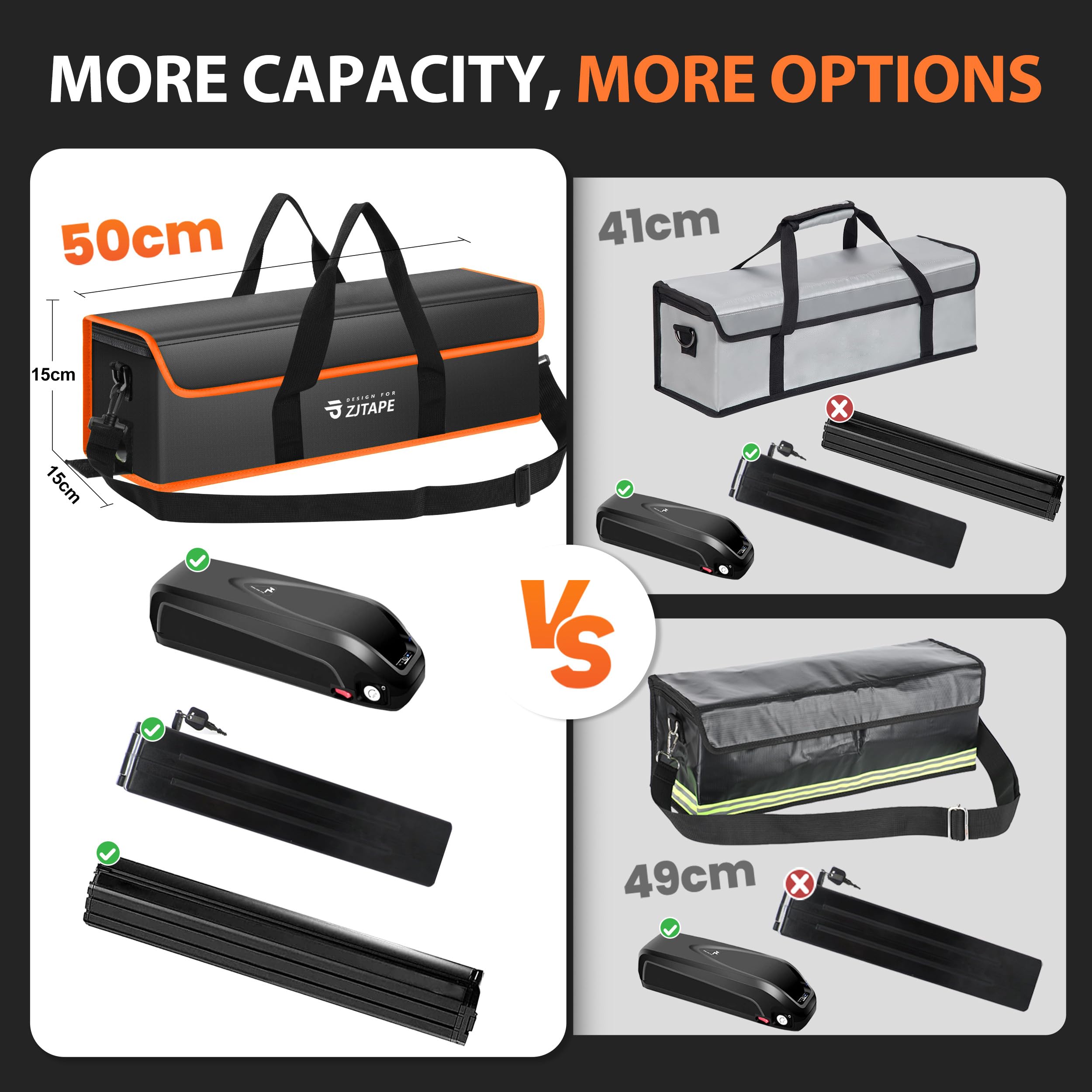 ZJTAPE Ebike Bolsa para Baterías - Ignífuga, Impermeable, A Prueba de Explosiones Lipo Bolsa Segura, Extra Grande, Caja de Seguridad para Baterías para Almacenamiento, Transporte, (Negro, Naranja)