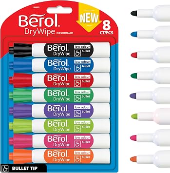 Berol Dry Wipe Bullet Tip Whiteboard Marker - Assorted Colours Pack of 8