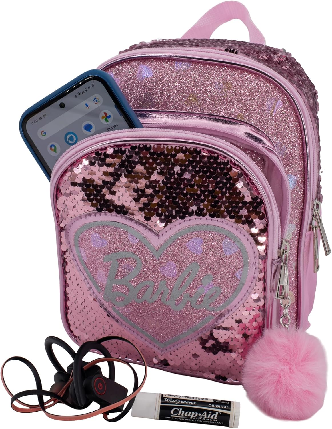AI ACCESSORY INNOVATIONS Barbie 9” Micro Mini Backpack Purse Featuring a 3D Heat Logo Patch, Sequins & Glitter PU, & Pompom Dangle, Pink