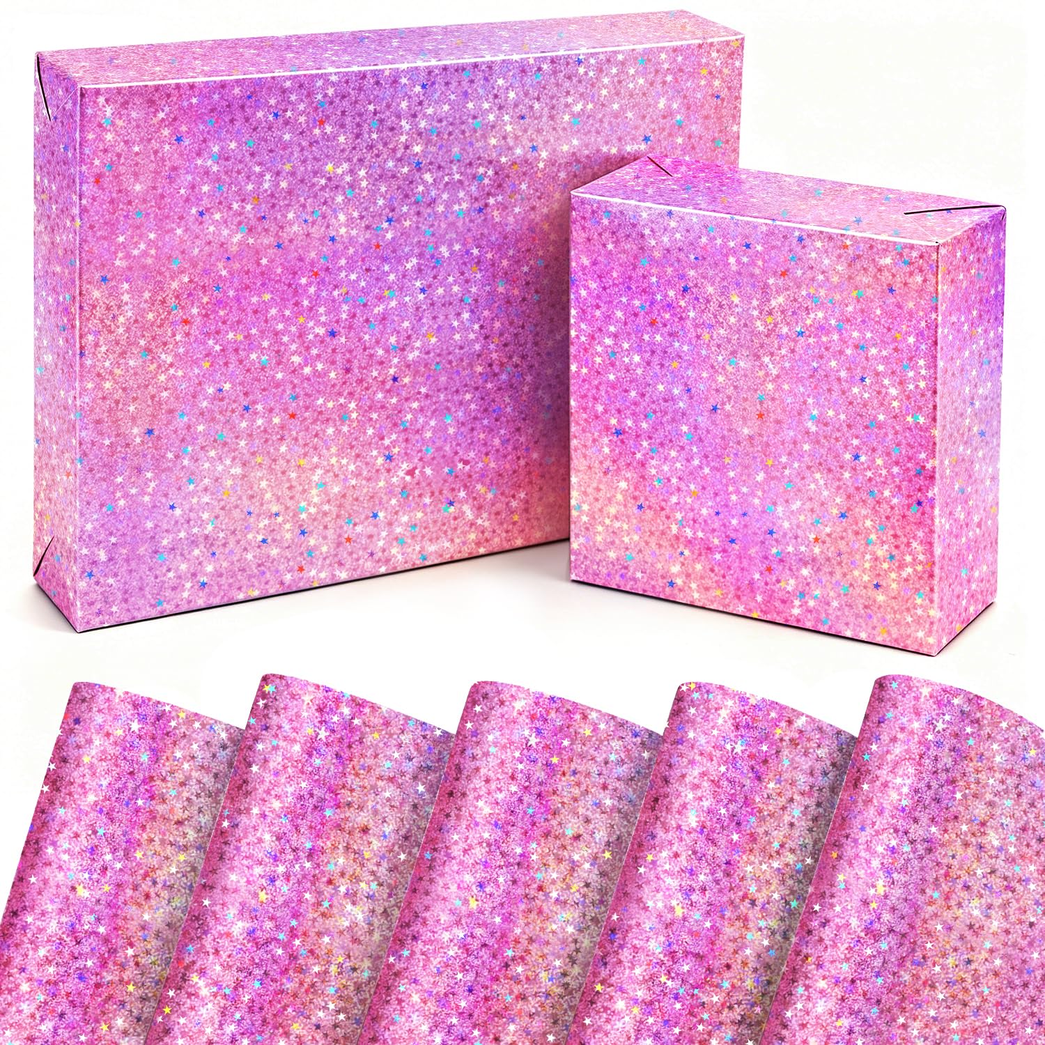 Pink Holographic Wrapping Paper,4 Sheets 43 * 60cm Metallic Glitter Star Gift Wrap Paper Perfect for Her Birthday,Graduation, Christmas