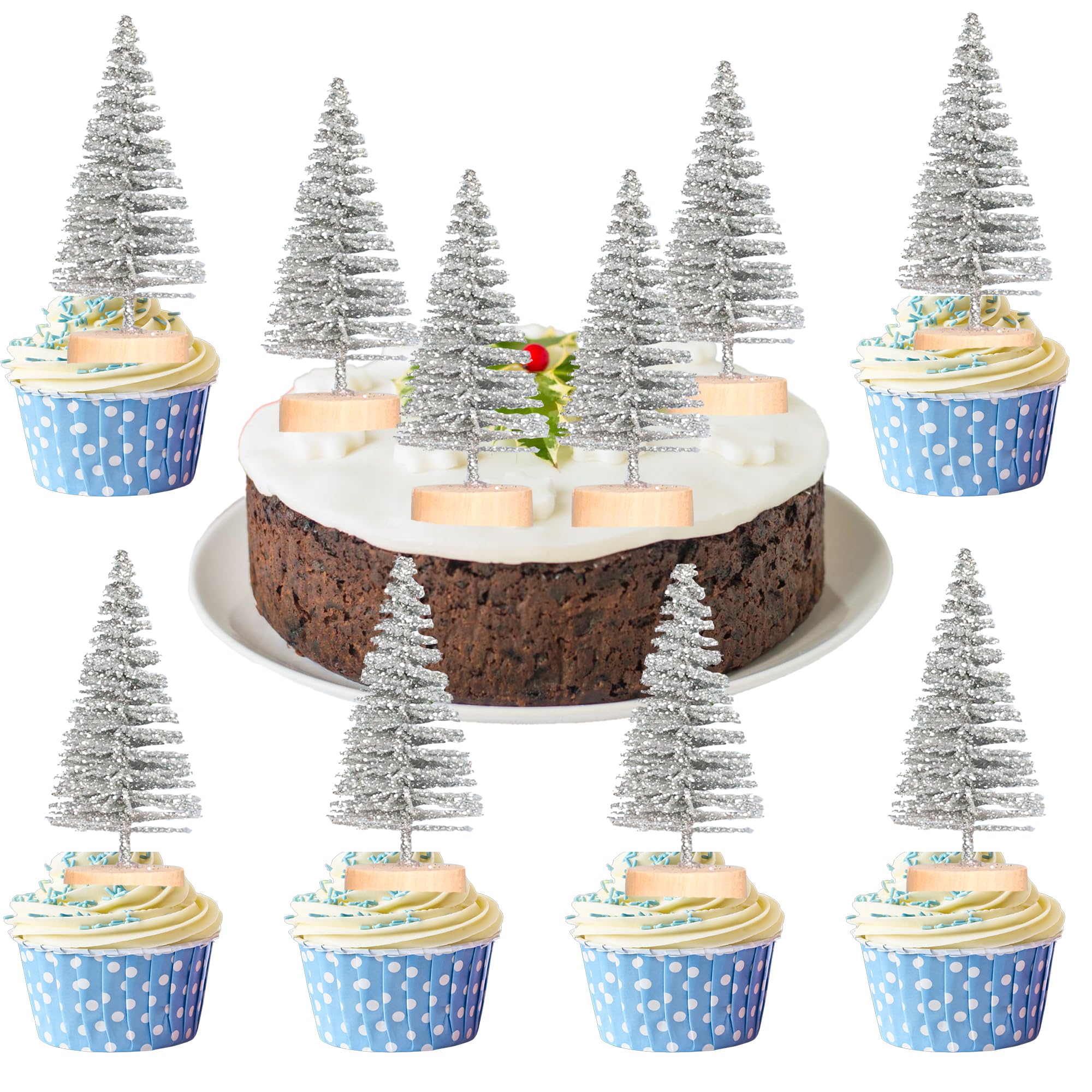 Gyufise 12Pcs Mini Christmas Tree Cupcake Toppers 3D Mini Christmas Tree Cake Topper Decorations for Xms Birthday Winter Holiday Party Decoration Supplies Silver
