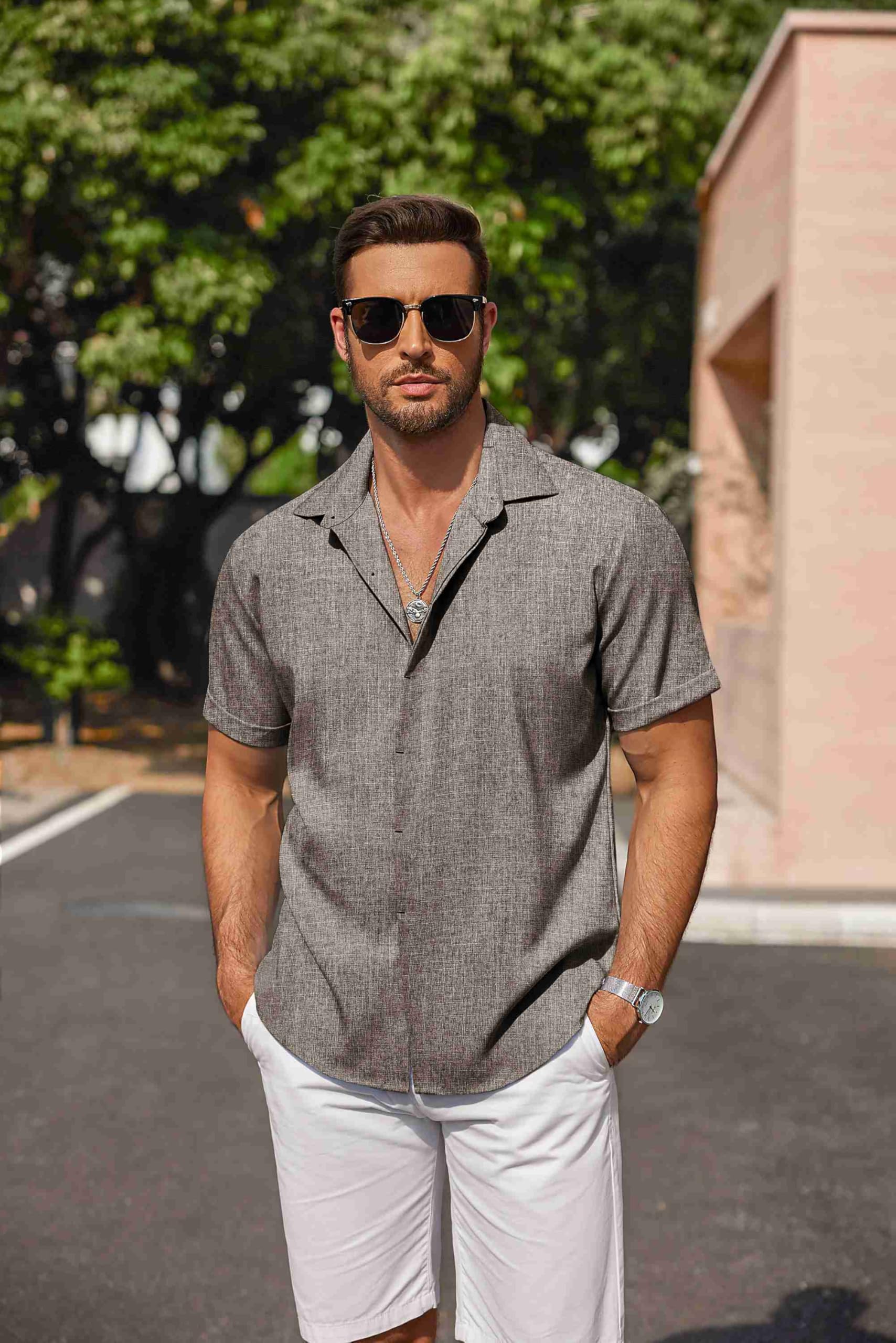COOFANDY Men's Linen Shirts Short Sleeve Casual Shirts Button Down Shirt for Men Beach Summer Wedding Shirt - 5