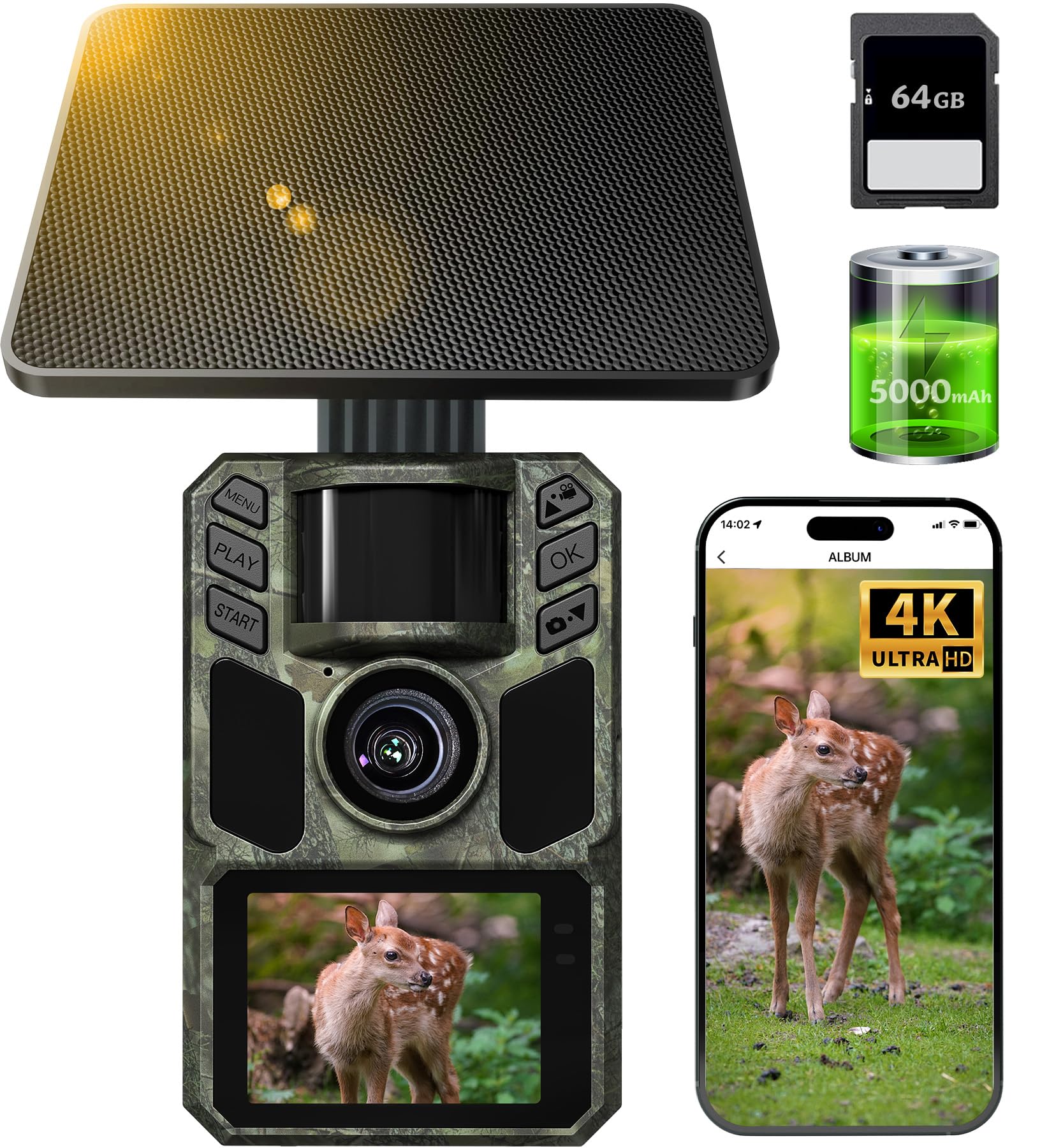 Wildkamera mit Handyübertragung App,Wildtierkamera 4K 64MP WLAN Solar mit Lithium-Batterie, Bewegungsmelder Nachtsicht, Inklusive 64GB SD Karte, 0,1s Auslösezeit, IP67 Wasserdicht