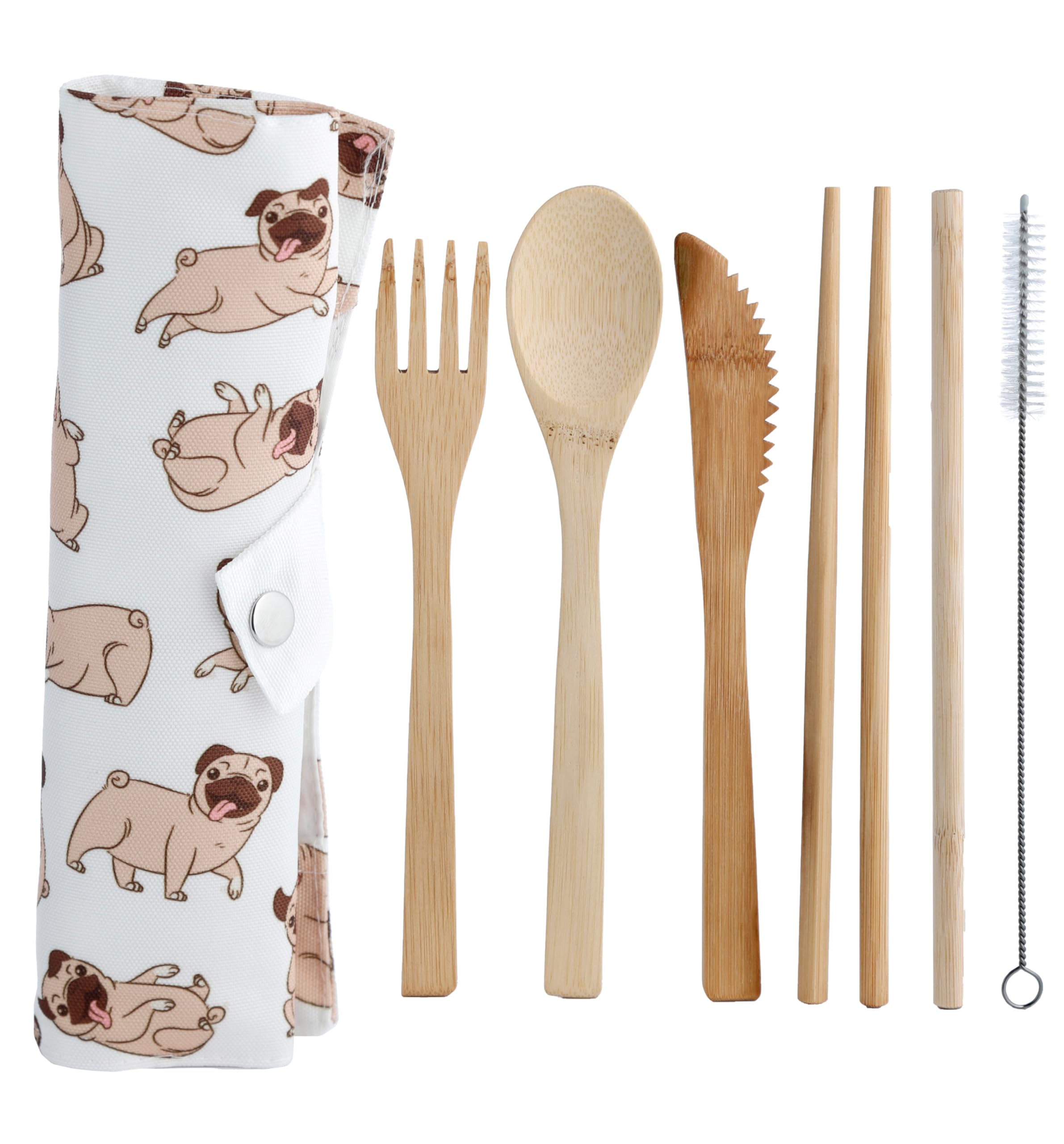 Puckator Multicolored Mopps Pug 100% Natural Bamboo Cutlery 6 Pc Set In Canvas Holder - Biodegradable Bamboo Utensils - Eco Friendly Cutlery - Camping Tableware - Cutlery Holder For Lunch Box Party Cutlery