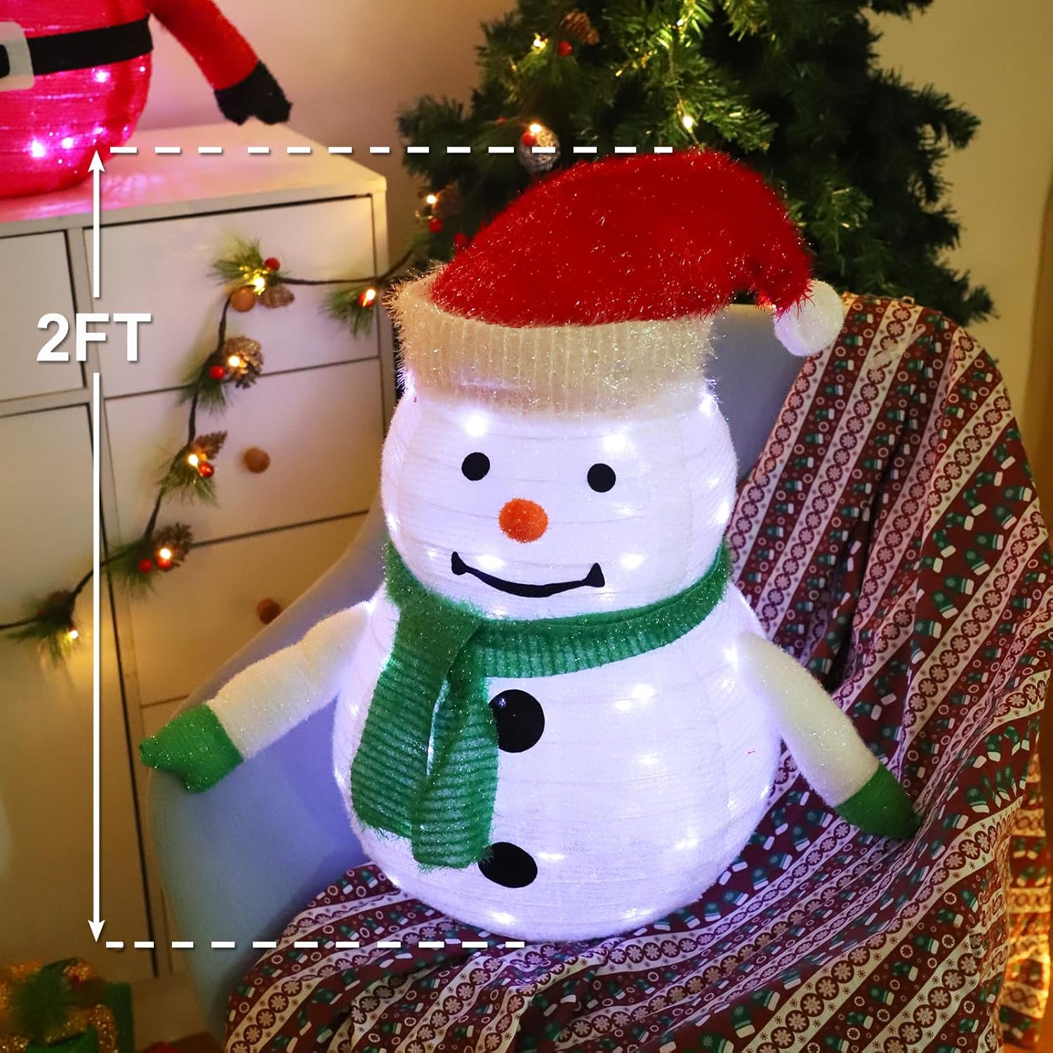 Snowman Christmas Decorations,2Ft Pre-Lit 45LED Light Up Collapsible Snowman Decor, Pop Up Snowman with Metal Stand for Indoor Outdoor Xmas Tree Garden Yard Home Party Decor