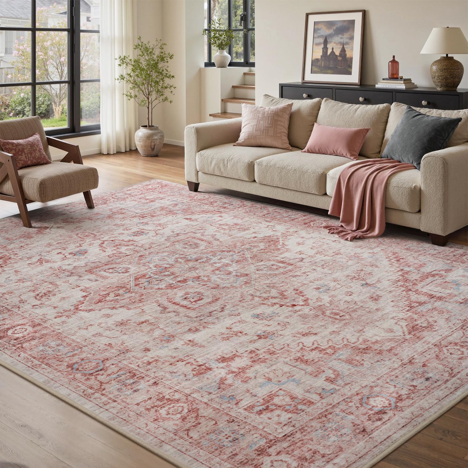 PADOOR 6×9 Area Rug for Living Room, Machine Washable Soft Large Bedroom Rug, Non-Slip Durable Low Pile Vintage Rug, Easy Clean Indoor Carpet for Hall, Kitchen, Dorm, Nursery, Office in Pink