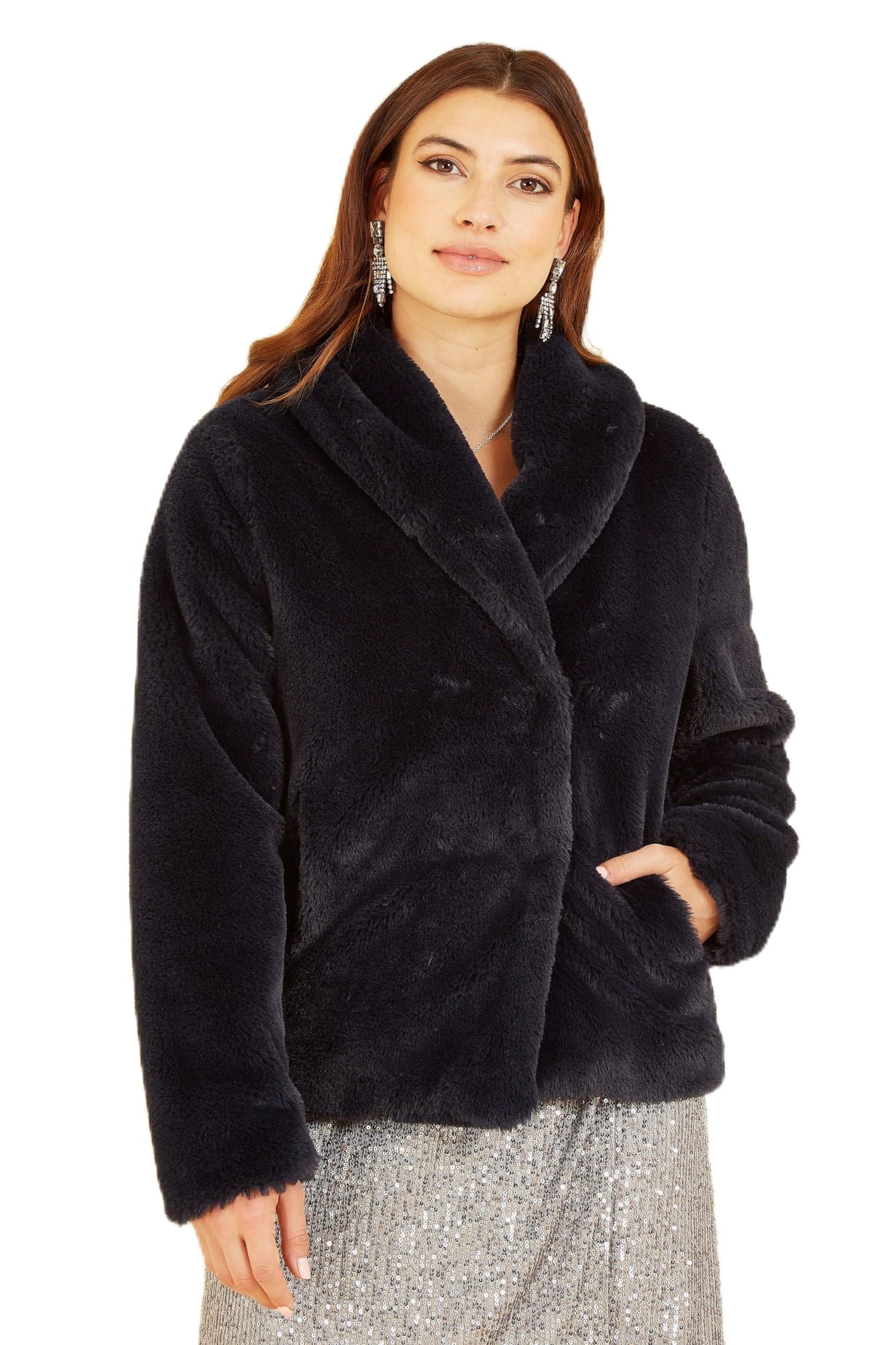 Yumi Women's Black Short Wrap Faux Fur Coat | Size: 16