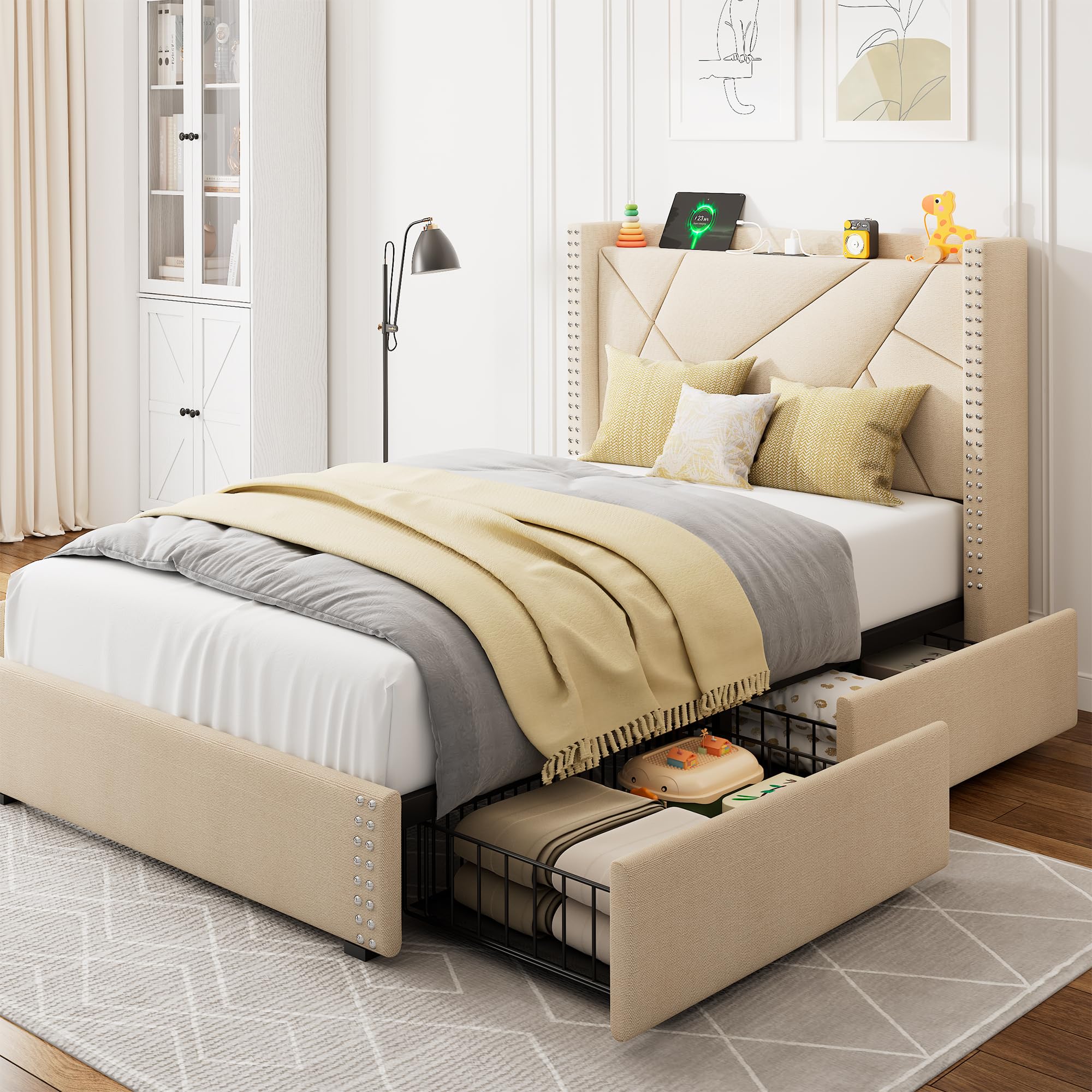 iPormis Twin Bed Frame with 4 Storage Drawers, Upholstered Headboard Bed with Charging Station, Solid Wooden Slats Support, Easy Assembly, Beige