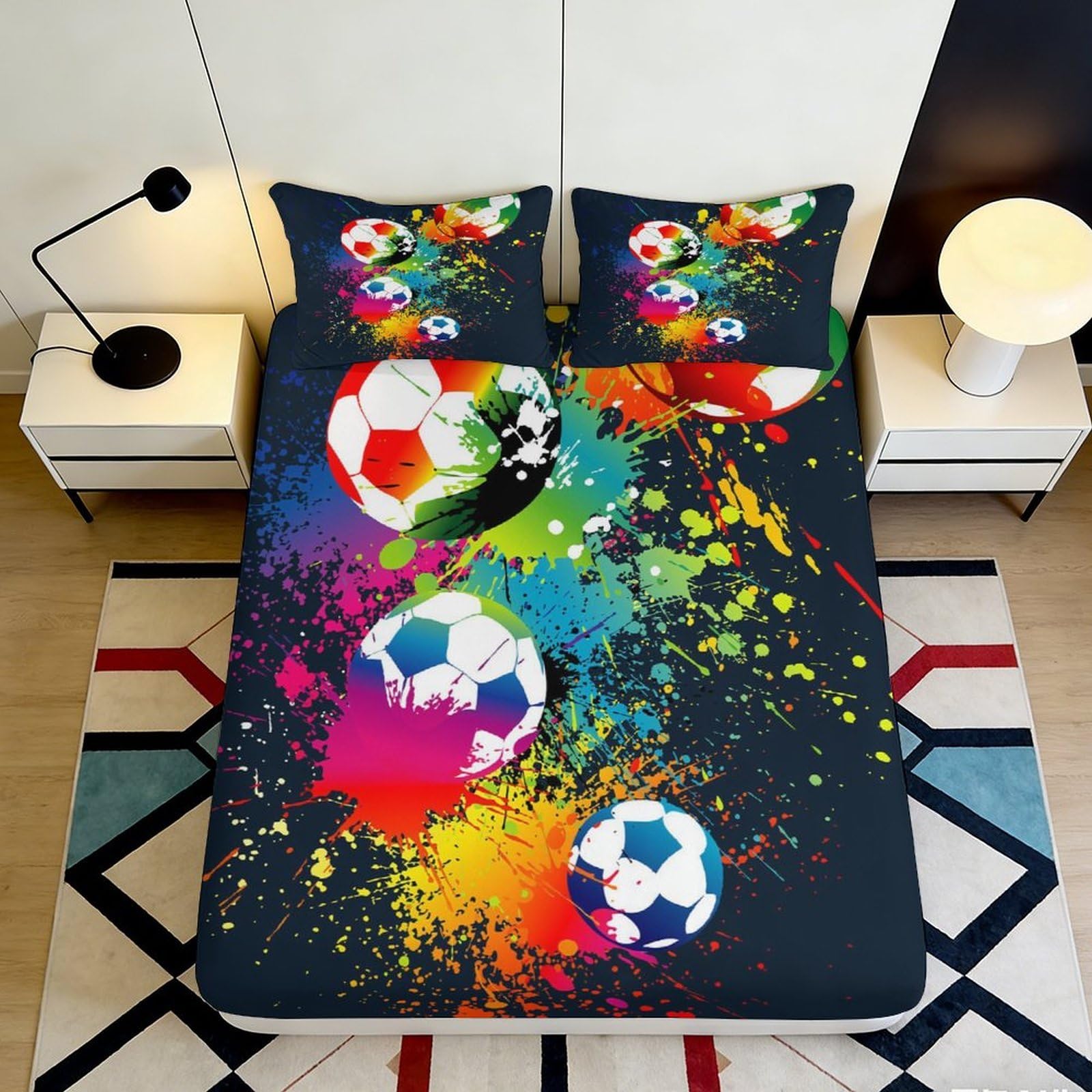 3D Printed Colorful Soccer Fitted Sheet Microfiber Vibrant Graffiti Bed Sheet for Bedroom Dorm Mattress Cover 90x200x25cm