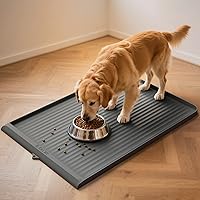 HICOOI 36x24 Inch Waterproof Dog Food Mat with Raised Edges & Diversion Grooves - Non-Slip Pet Feeding Mat for Messy Eaters, Grey