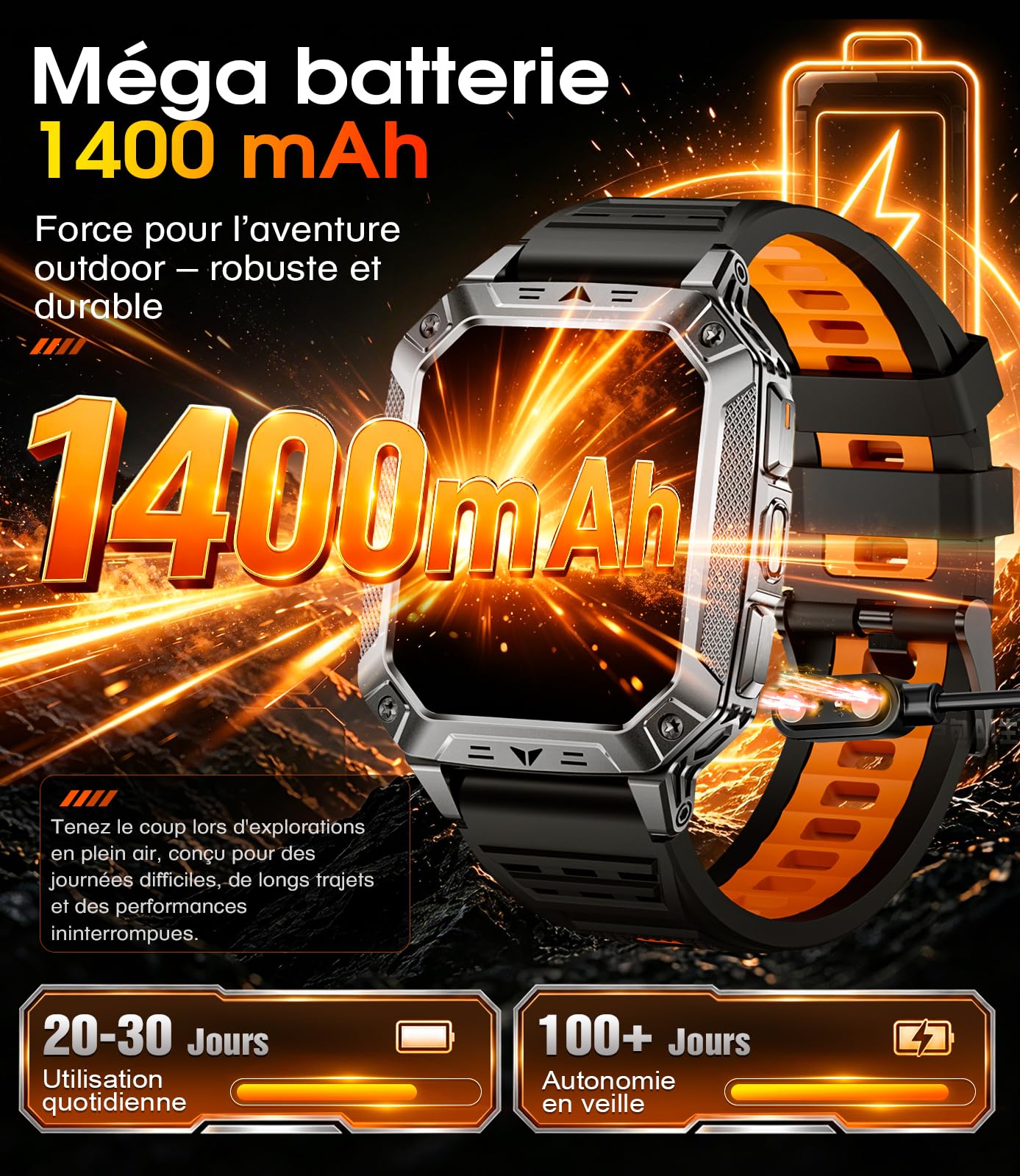 Montre Connectée Homme 1400mAh, 2.01'' Smartwatch avec LED Lampe, 110+ Modes Sportifs, Étanchéité IP68, Appels Bluetooth Smartwatch Militaire, Surveillance Cardiaque 24H,Sommeil, SpO2, Android/iOS