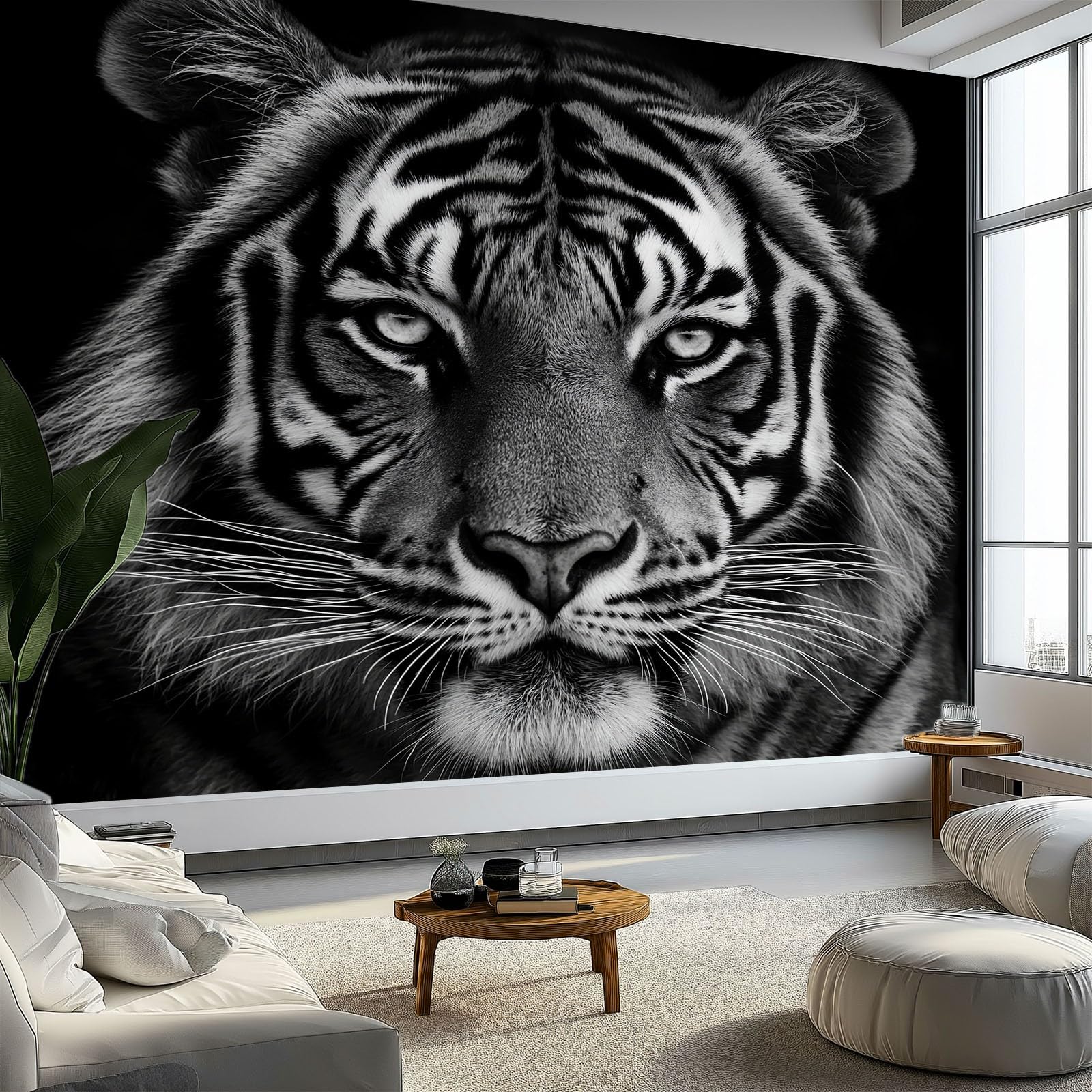 Papier peint tigre noir et blanc intissé pour masquer les imperfections de vos murs de salon