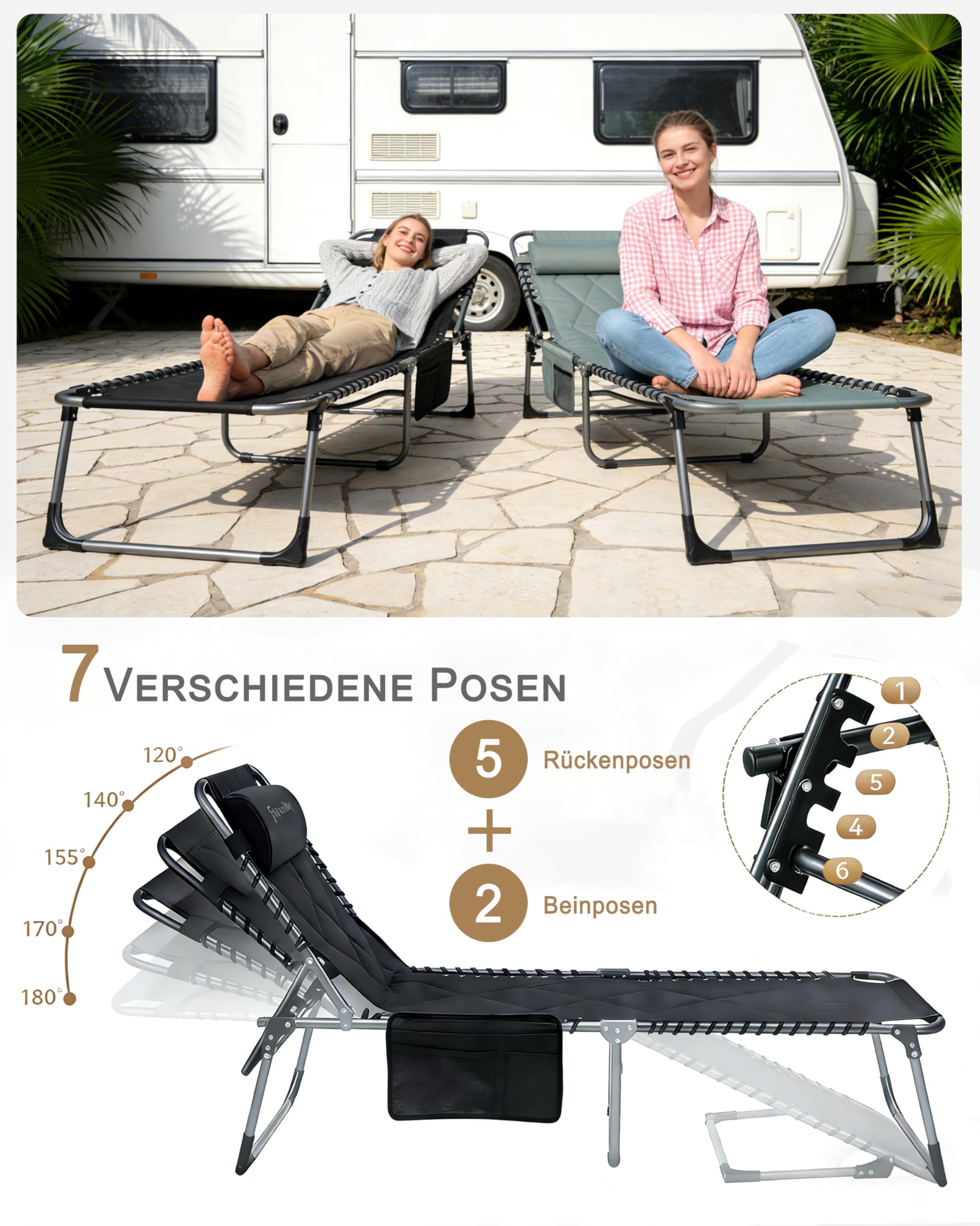 Sonnenliege Klappbar 5-Verstellbarer Rückenlehne, Gartenliege Klappbar mit Kopfkissen & Seitentasche, Liegestuhl Strandliege für Balkon Strand Campingliege Outdoor Indoor, Bis 150kg