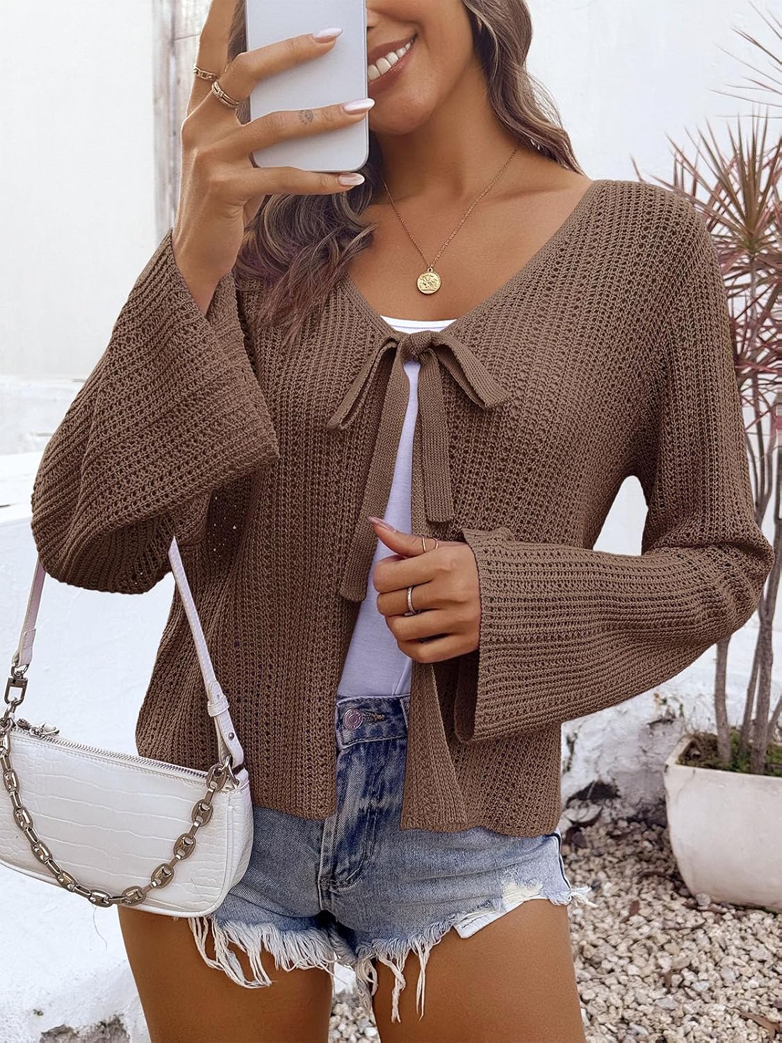 Saodimallsu Womens Summer Crochet Lightweight Cardigans Tie Front Mesh Knit Long Sleeve Casual V Neck Beach Cover Ups - Image 2