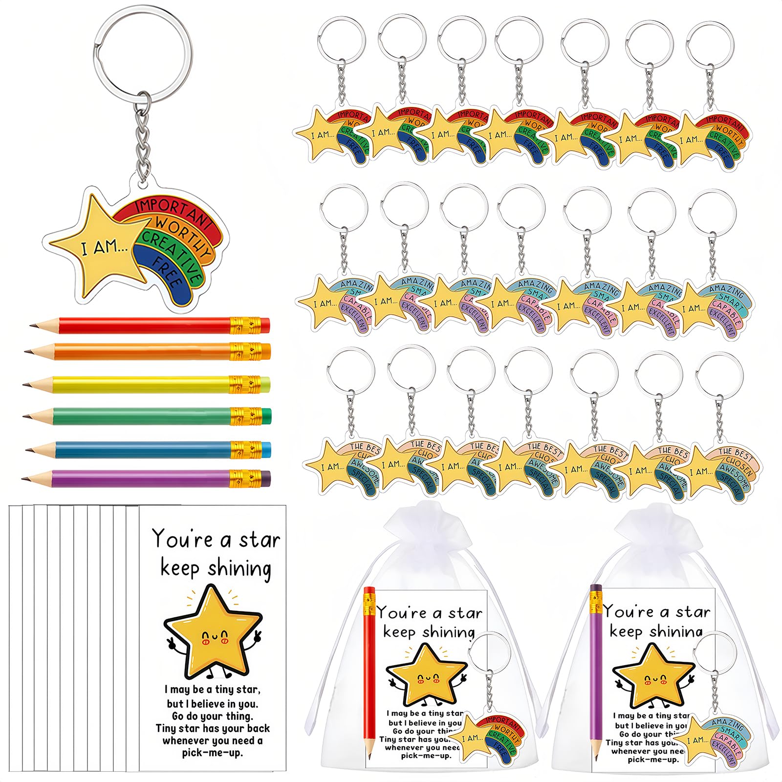 Sunwuun 30 Sets End of Term School Leaver,Class Gifts from Teacher,Positive Affirmation Cards,Star Keychains,Rainbow Pencils & Bags,End of Year Class Gifts for 30 Children,School Leavers Gift (30)