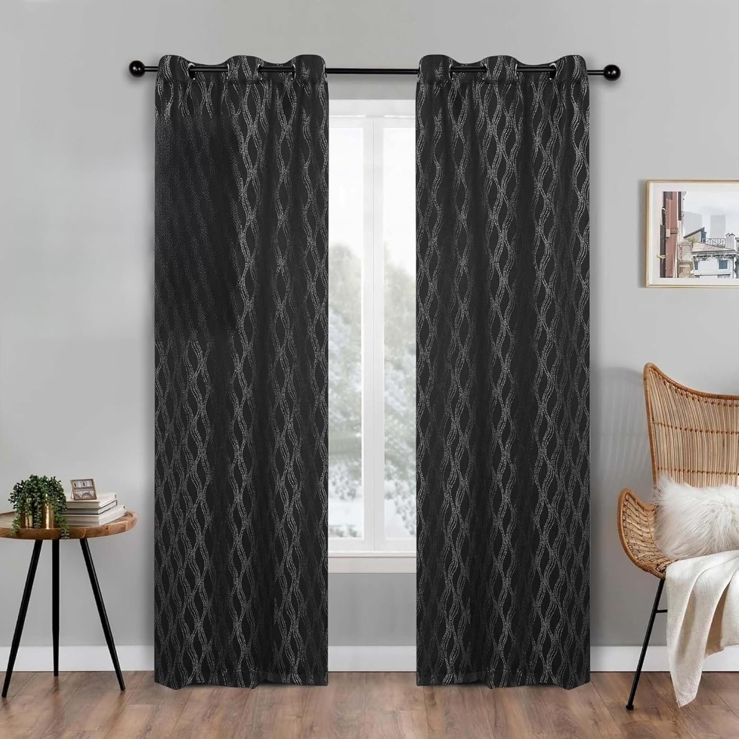 Superior Blackout Curtains, Modern Classic Light Blocking Curtain, Window Accent for Bedroom, Living Room Darkening, Grommet Header, Zuri Collection, Set of 2 Panels, 42" x 63", Black