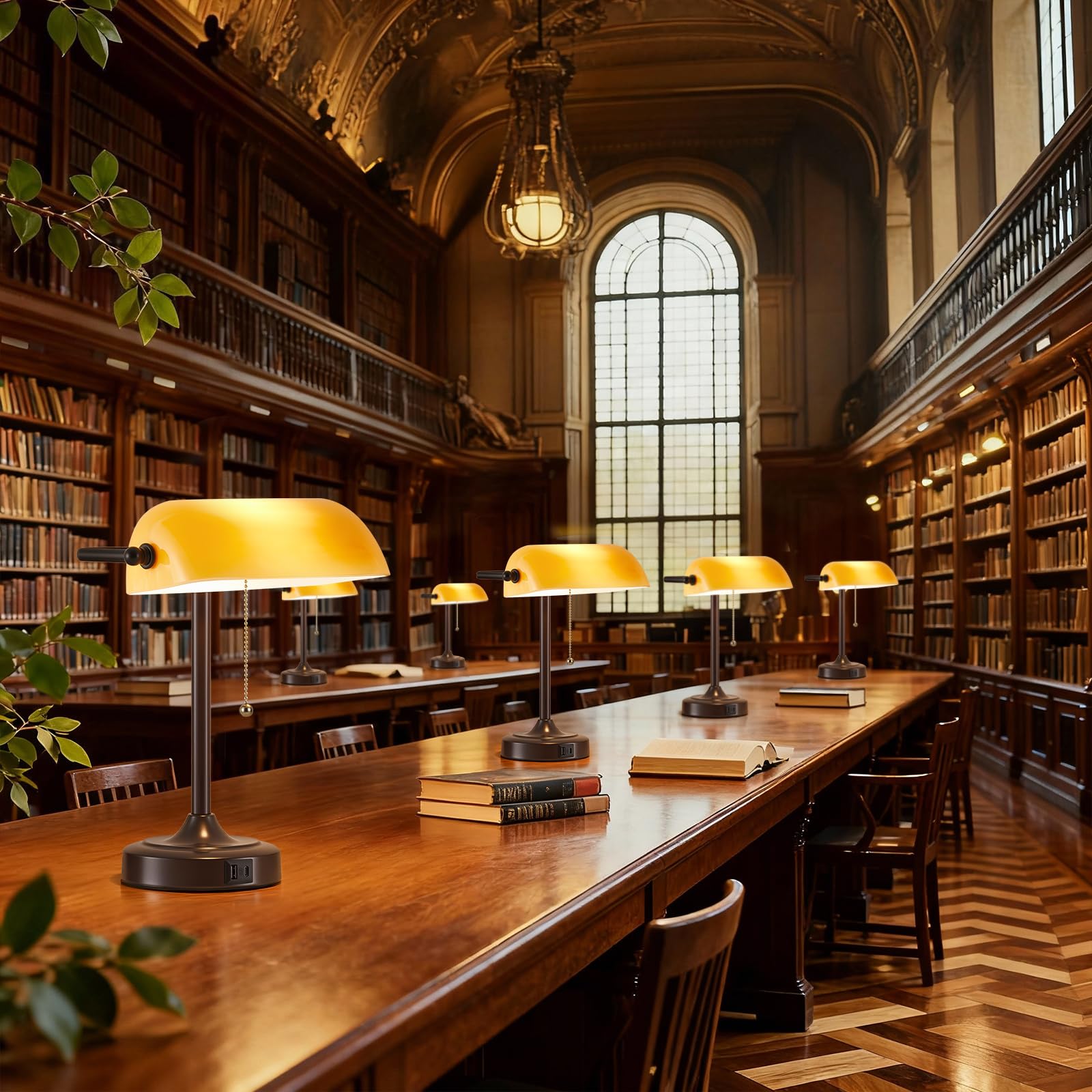EJIAXIN Vintage Tischlampe für Banker - Retro Schreibtischlampe mit USB und Typ C Ladeanschlüssen mit Zugkettenschalter für Bibliothek, Tischlampe für Schreibtisch