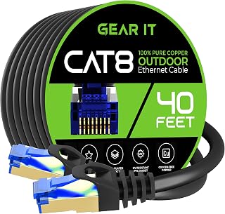 GearIT Cat8 Outdoor Ethernet Cable (40 Feet) Waterproof, Direct Burial, In-Ground, LLDPE UV Jacket, Pure Copper, 26AWG, 40Gbps 2000Mhz SFTP Patch Cord, POE, Network, Internet, Cat 8 Cable - 40ft