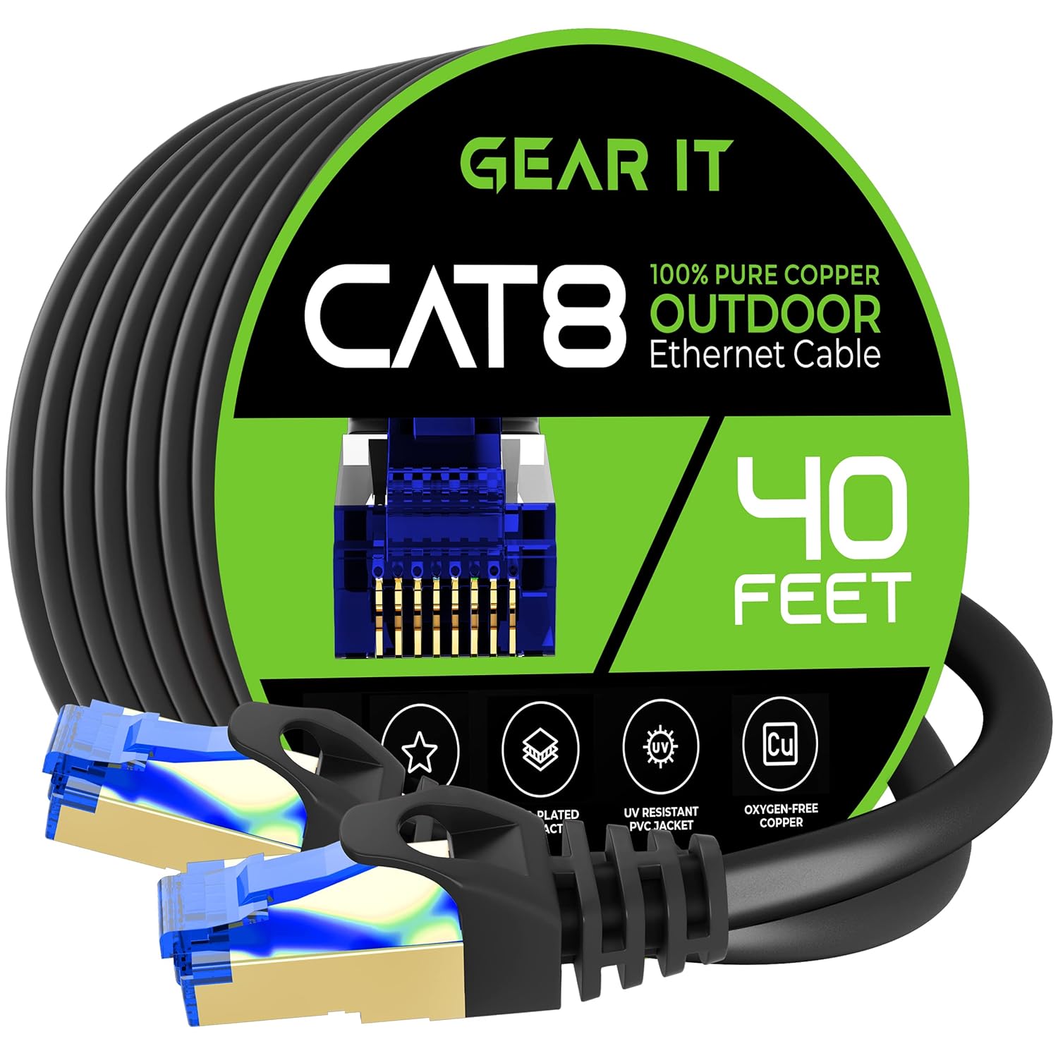 GearIT Cat8 Outdoor Ethernet Cable (25 Feet) Waterproof, Direct Burial, In-Ground, LLDPE UV Jacket, Pure Copper, 26AWG, 40Gbps 2000Mhz SFTP Patch Cord, POE, Network, Internet, Cat 8 Cable - 25ft : Electronics