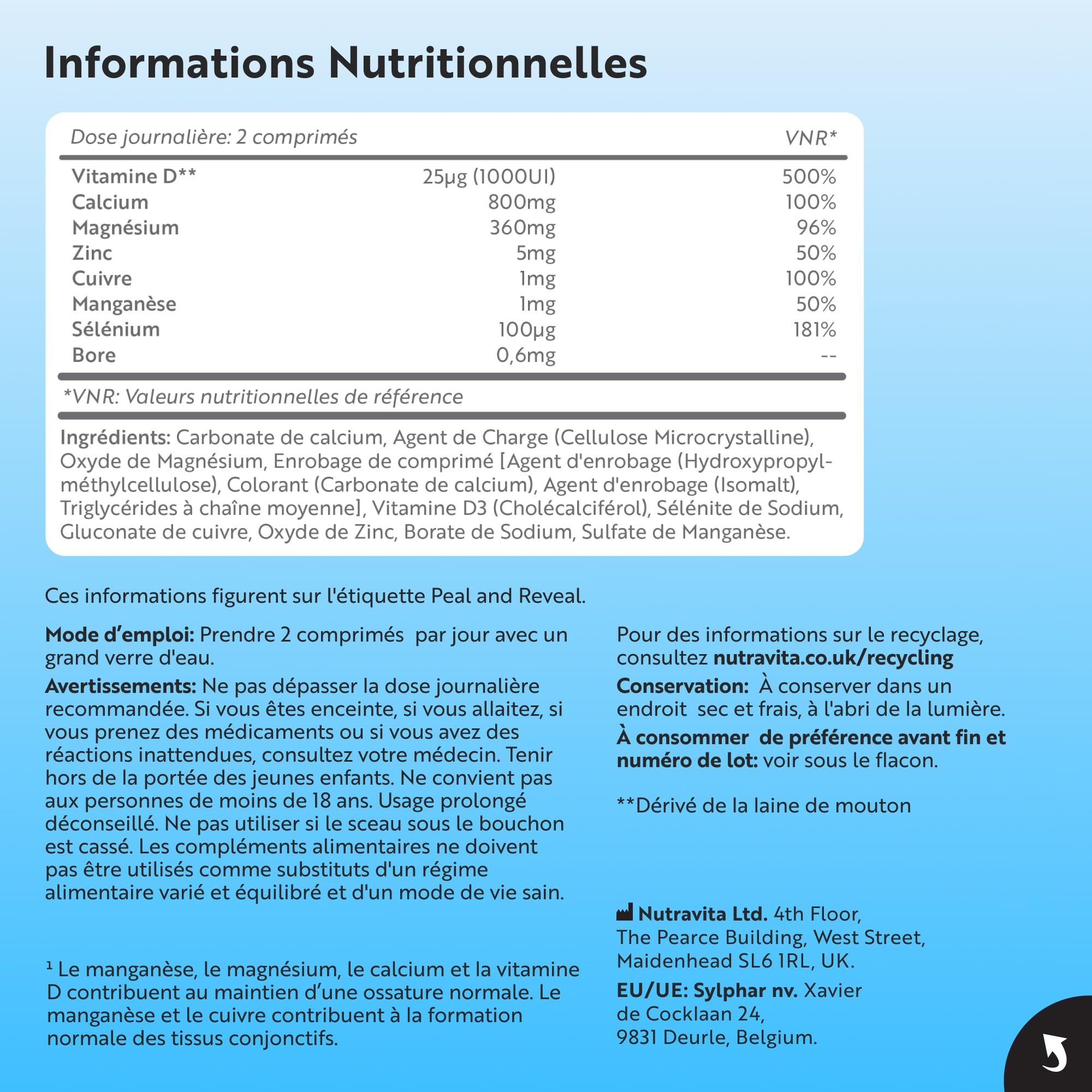 Calcium, magnésium, zinc enrichi en vitamine D3 - Supplément de haute résistance | 365 comprimés végétariens | Offre de 6 mois | Fabriqué au Royaume-Uni par Nutravita