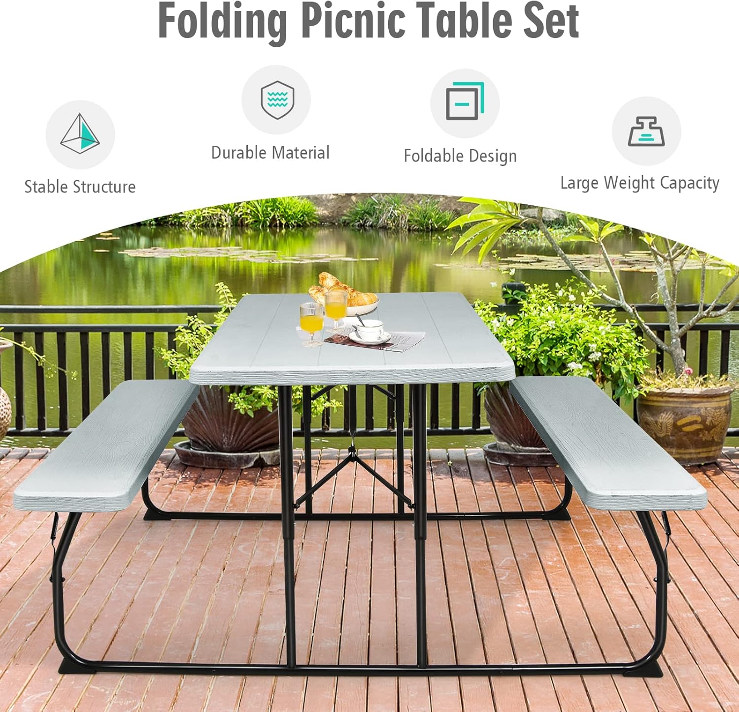GYMAX Picnic Table, 550 LBS Folding Picnic Tables with Benches & Seats, Weather-Resistant Easy Setup Portable Picnic Table, Wood-Like Foldable Picnic Tables for Outdoors Patio Deck Party BBQ (Grey)