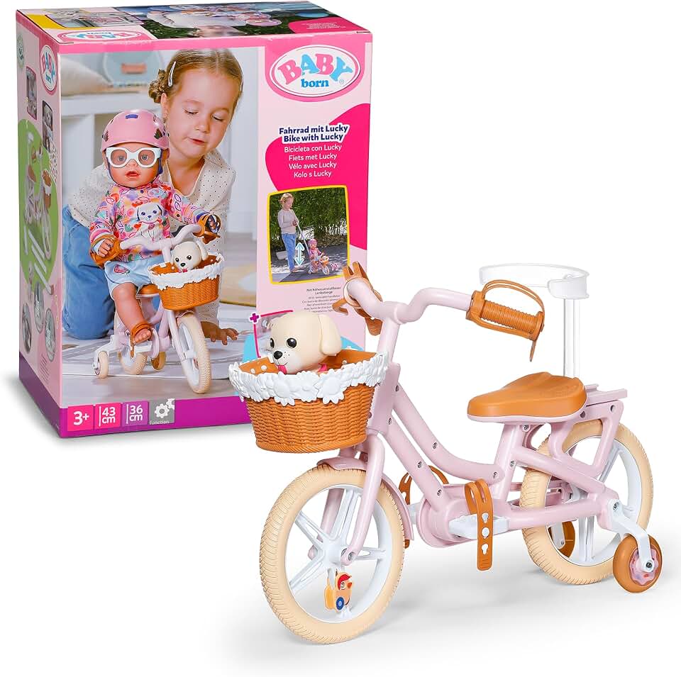 Baby Born Fahrrad mit Lucky, Puppenfahrrad mit Korb, Lenkstange und Stickern