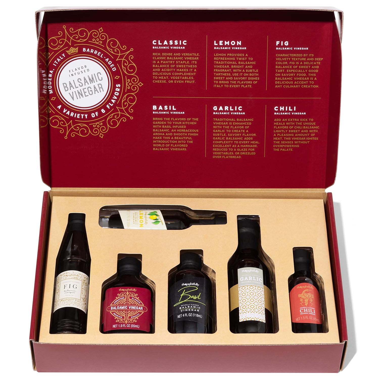 Thoughtfully Gourmet, Balsamic Vinegar Gift Set, Flavors Include Fig, Chili, Garlic and More, IGP Certified, Crafted in Modena, Italy, Halal Certified, Pack of 6