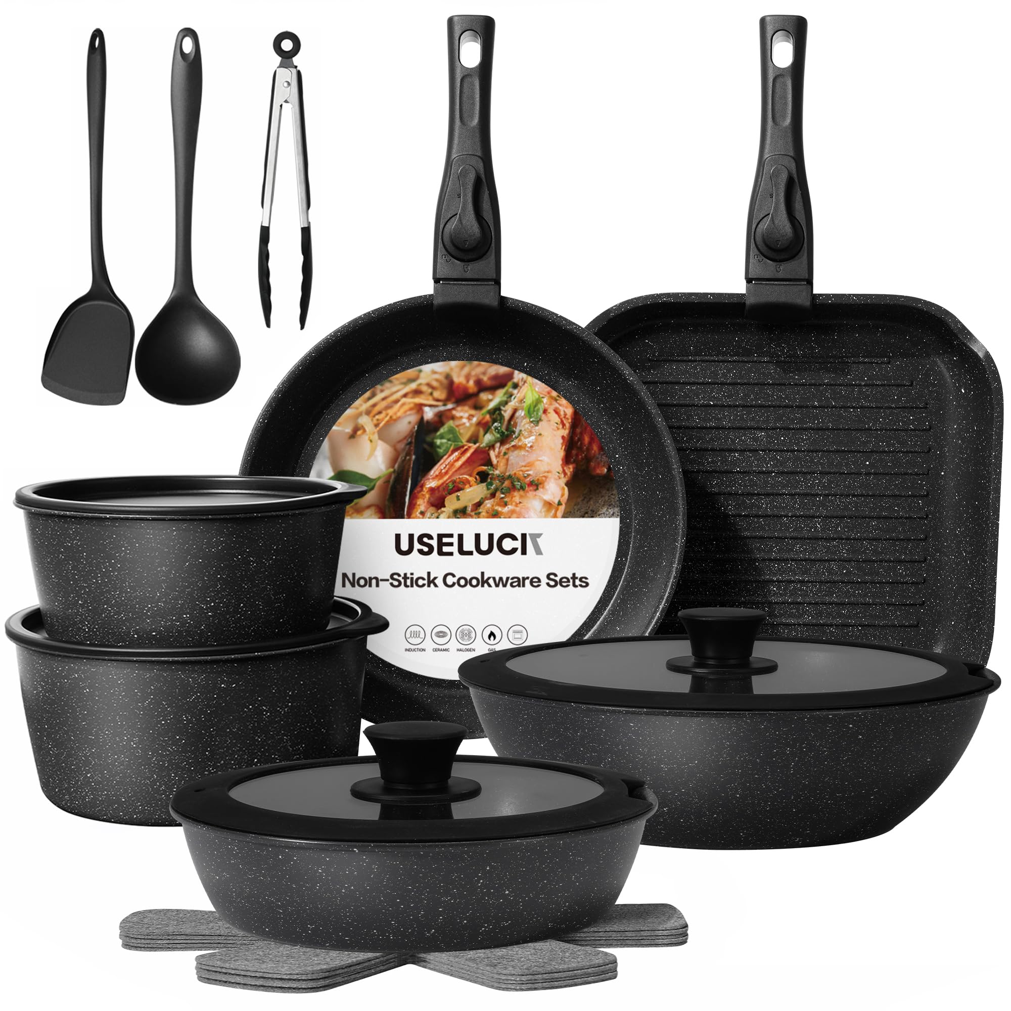 Pots and Pans Set Non Stick 21 PCs, Stackable Cookware Sets with Detachable Handle, Granite Induction RV Kitchen Portable Cooking Set Removable Handles, Dishwasher ＆ Oven Safe, Black
