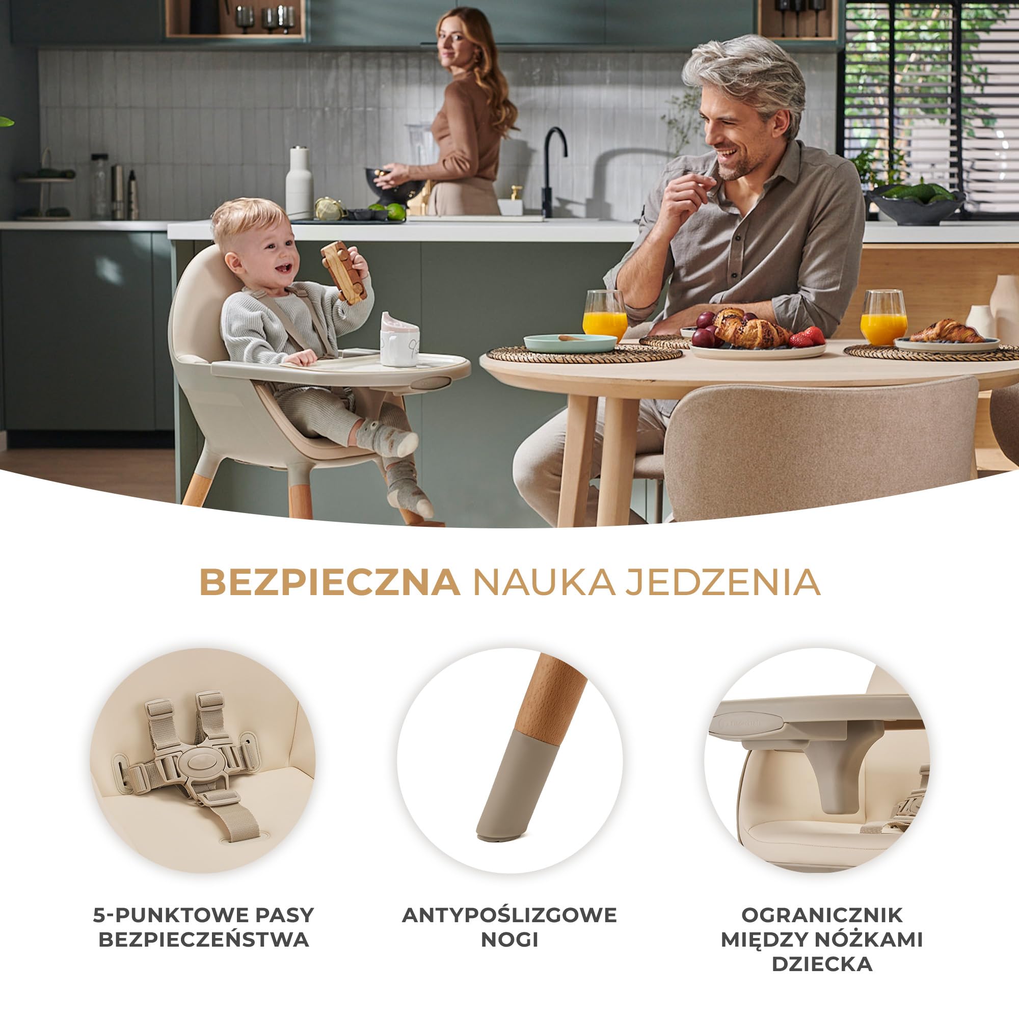Kinderkraft Krzesełko do karmienia FINI2 2w1, Krzesło dla starszaka, Regulowana zdejmowana tacka, Drewniane antypoślizgowe nożki, 5-Punktowe pasy bezpieczeństwa, Łatwy w czyszczeniu, Beżowy