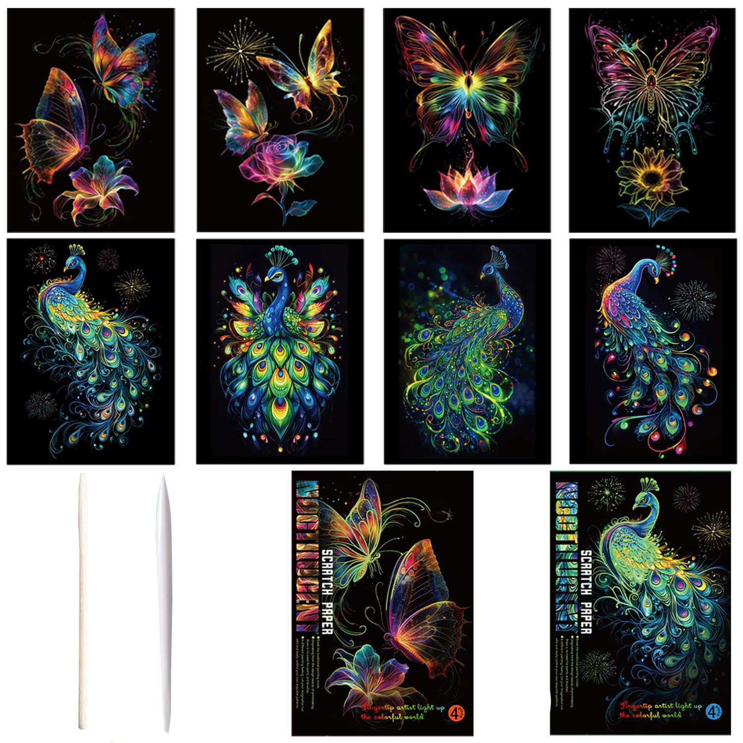 Georgie Porgy Zestaw obrazków do zdrapywania dla dzieci i dorosłych, Magic Rainbow A4, papier do zdrapywania na Boże Narodzenie, urodziny, z zestawem narzędzi do zdrapywania (świecący w nocy motyl +