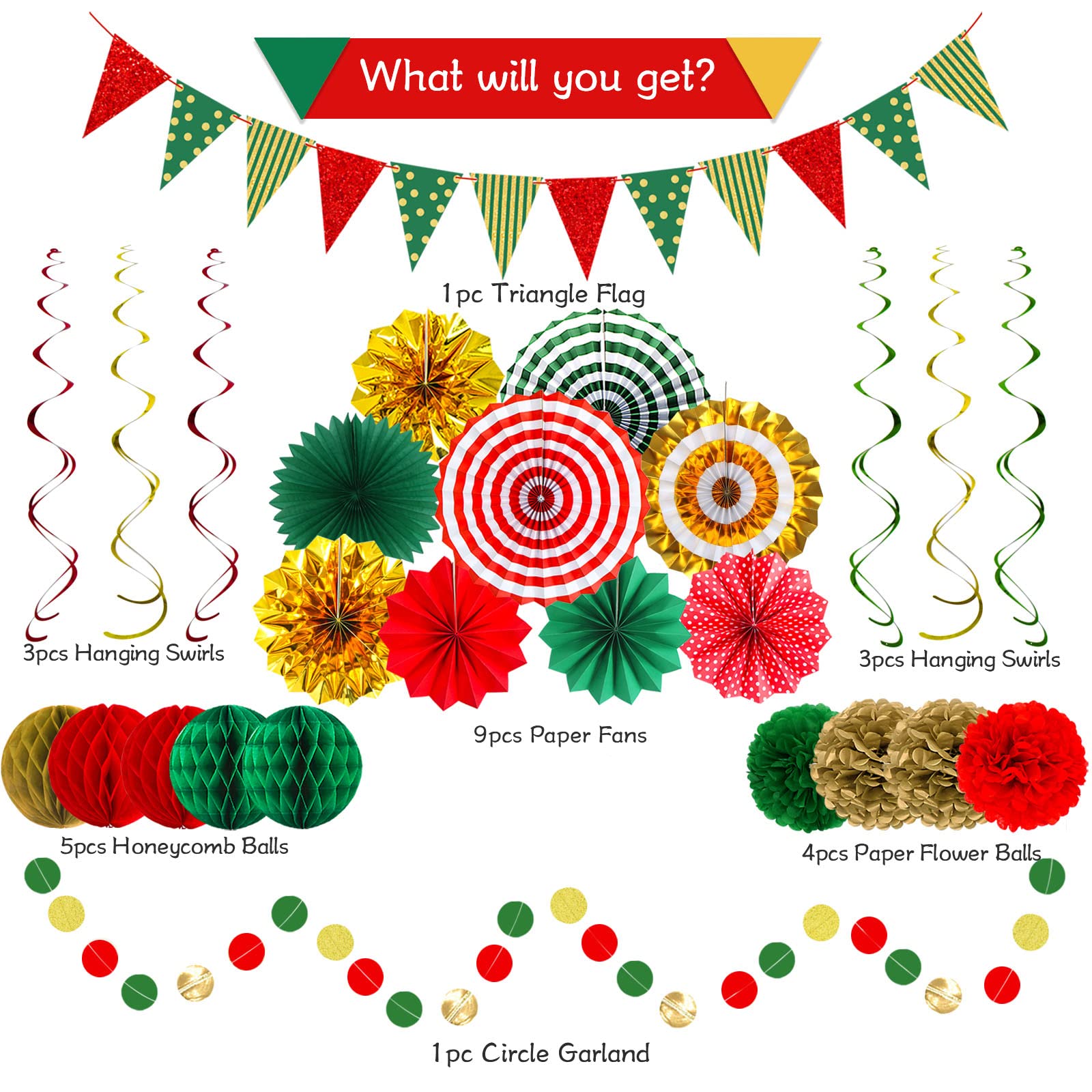 Banderas de triángulo de Navidad, banderín de papel rojo verde dorado para cumpleaños de Navidad, decoraciones de fiesta de Navidad, decoración de año nuevo