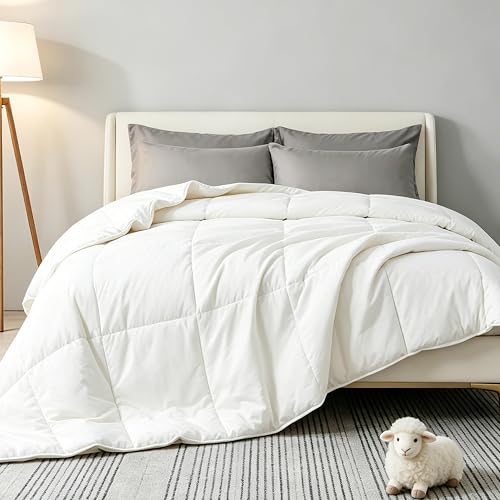 100% Australian Wool Comforter King Size –Natural Temperature Regulating Wool Duvet Insert for All Seasons, No-Shedding Organic Cotton Cover with 4 Corner Tabs, Machine Washable,Breathable(White)