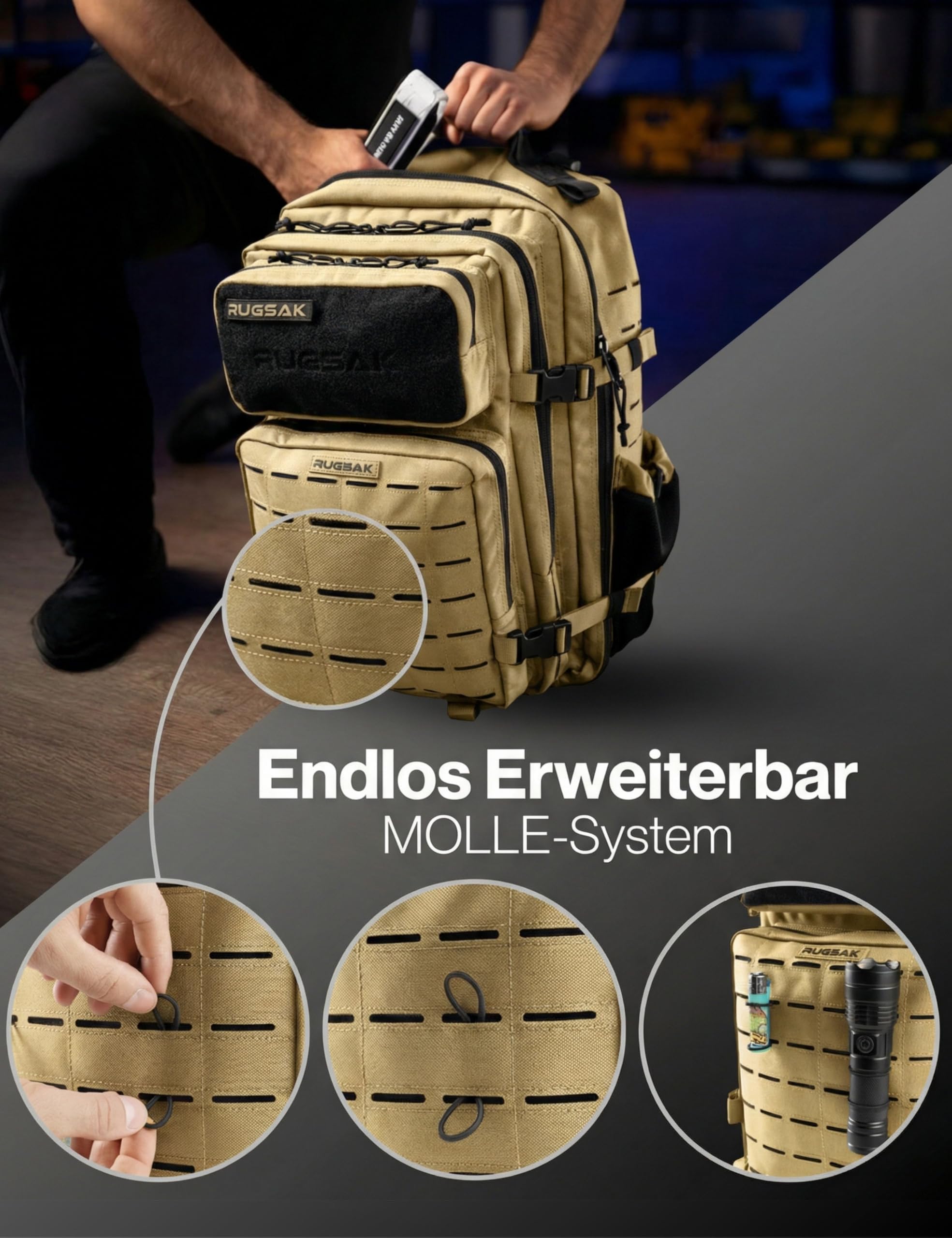 RUGSAK ALPHA | Taktischer Rucksack [20-45L] Wasserdicht & EXTREM Robust | Militär Survival Backpack | für Outdoor Arbeit Wandern Camping und Gym | Molle Reiserucksack Herren & Damen (Desert Sand)