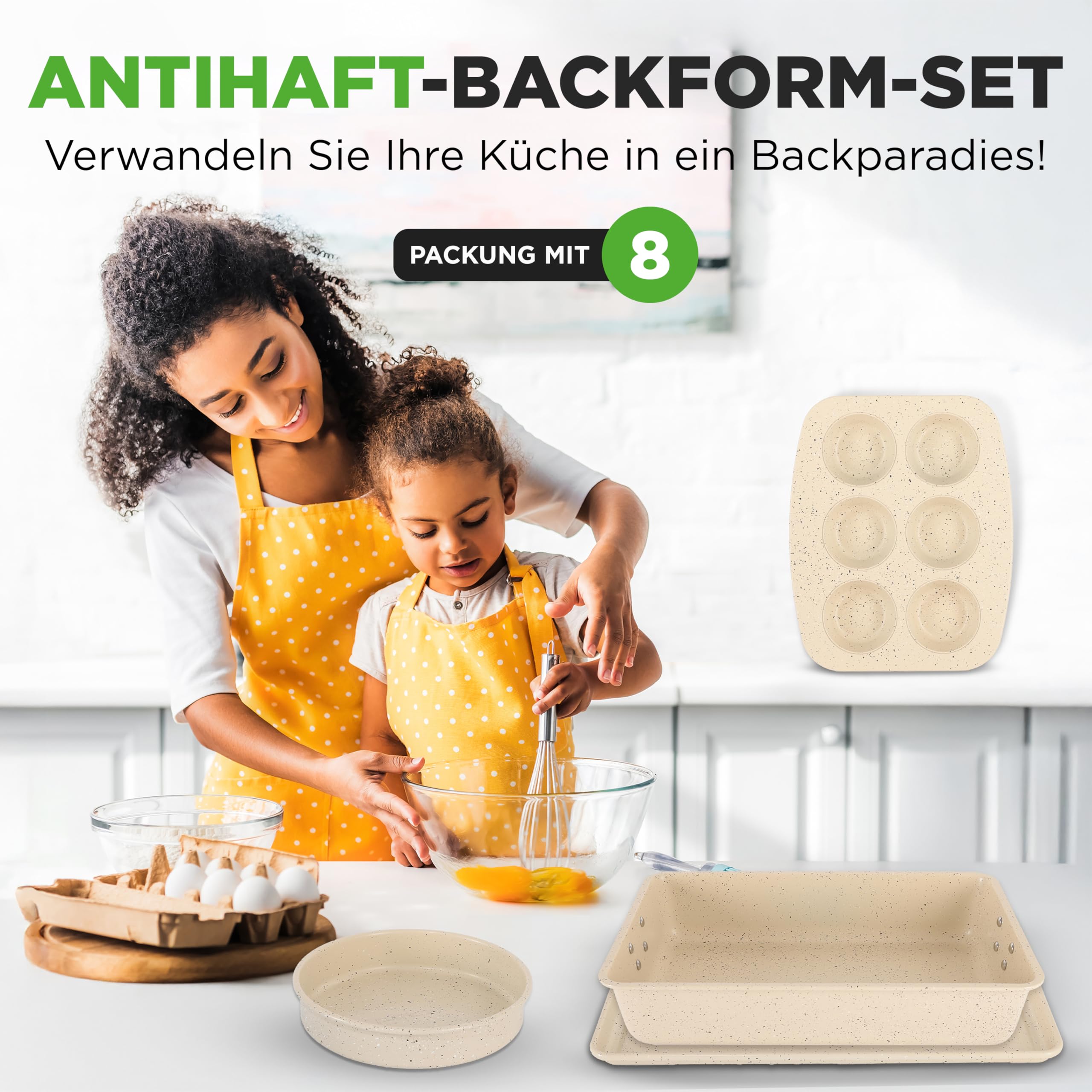 NutriChef 8-teiliges stapelbares Backformen-Set aus Karbonstahl | Antihaft, PFOA- & PFOS-frei | Ofenfest bis 232 °C Mit Backblech, Muffinform, runder, eckiger, Kasten- & tiefer Kuchenform Marmor-Crème