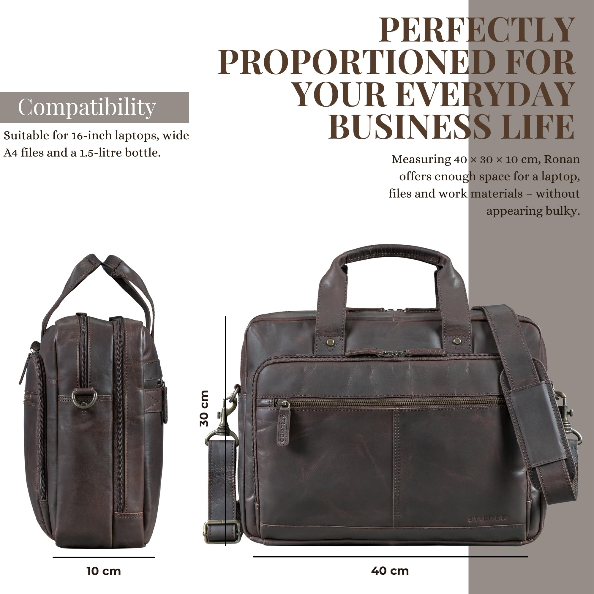 STILORD "Ronan Business Aktentasche Herren Leder Groß Dokumententasche A4 Ledertasche Echtleder - Premium Laptoptasche 16 Zoll Arbeitstasche abnehmbarer Schultergurt Farbe:schwarz