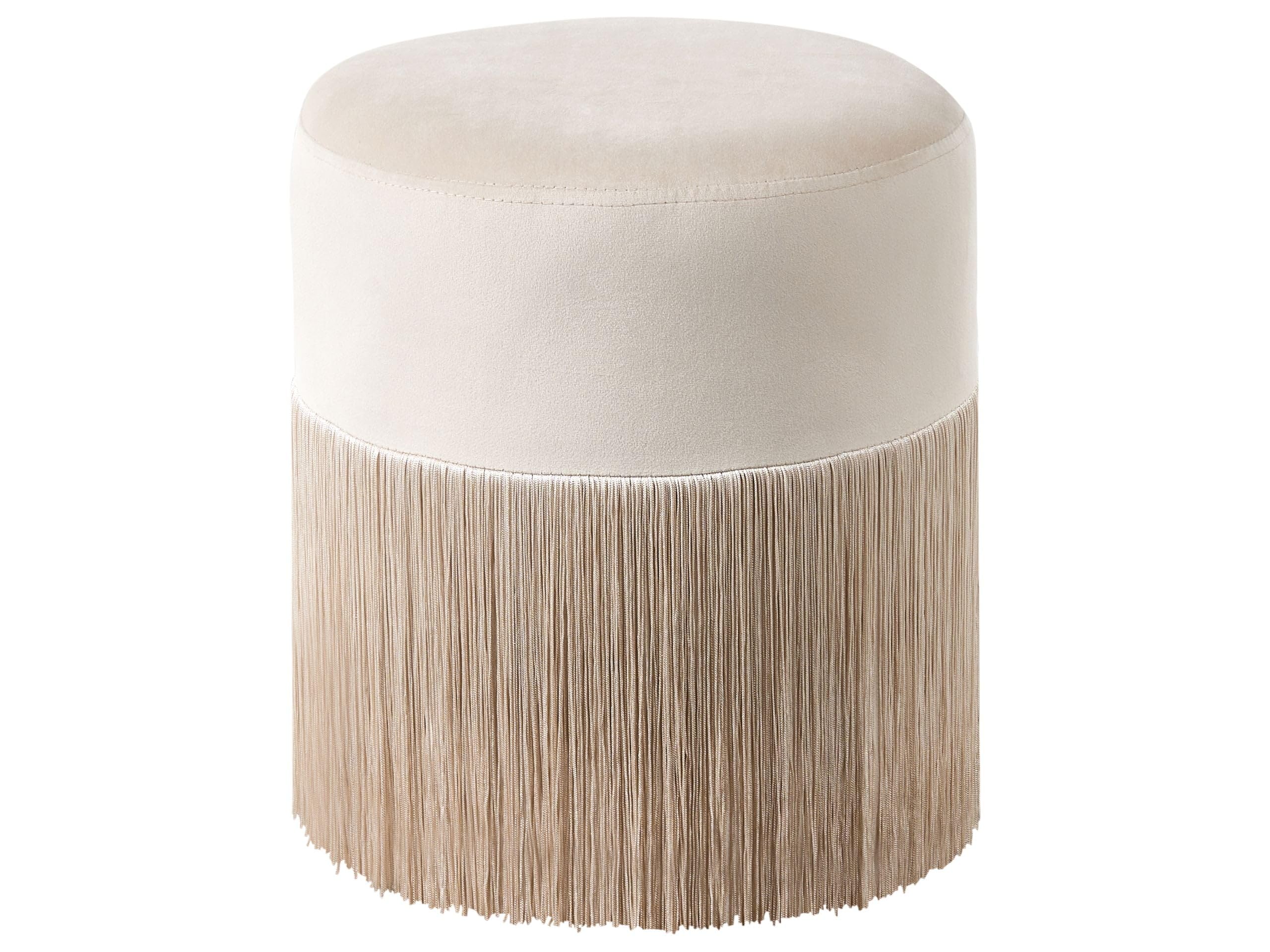 Pouf en velours beige avec frange decorative assise confort