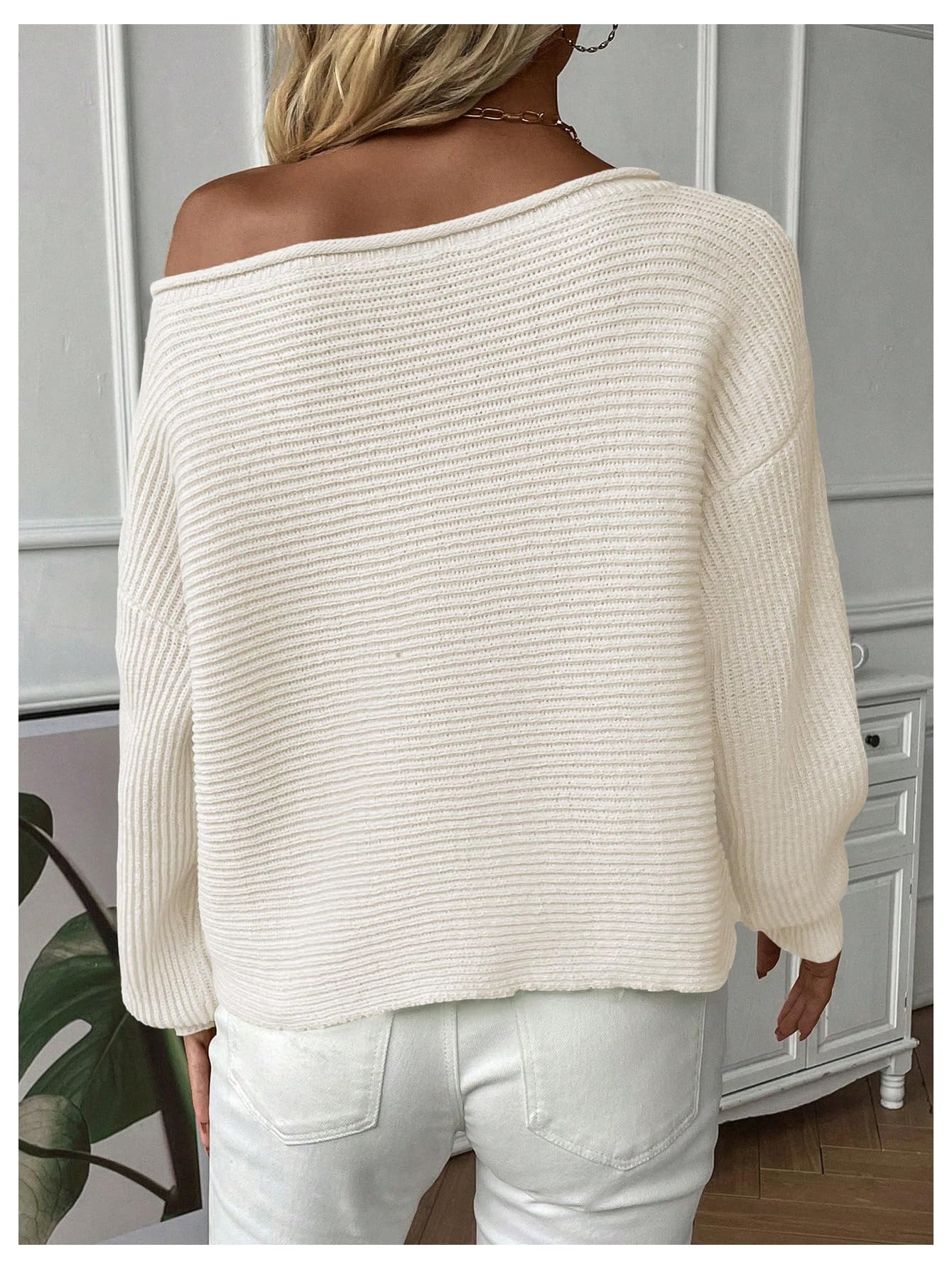 WDIRARA Women's One Shoulder Long Sleeve Oversized Sweater Asymmetrical Pullover Knit Top