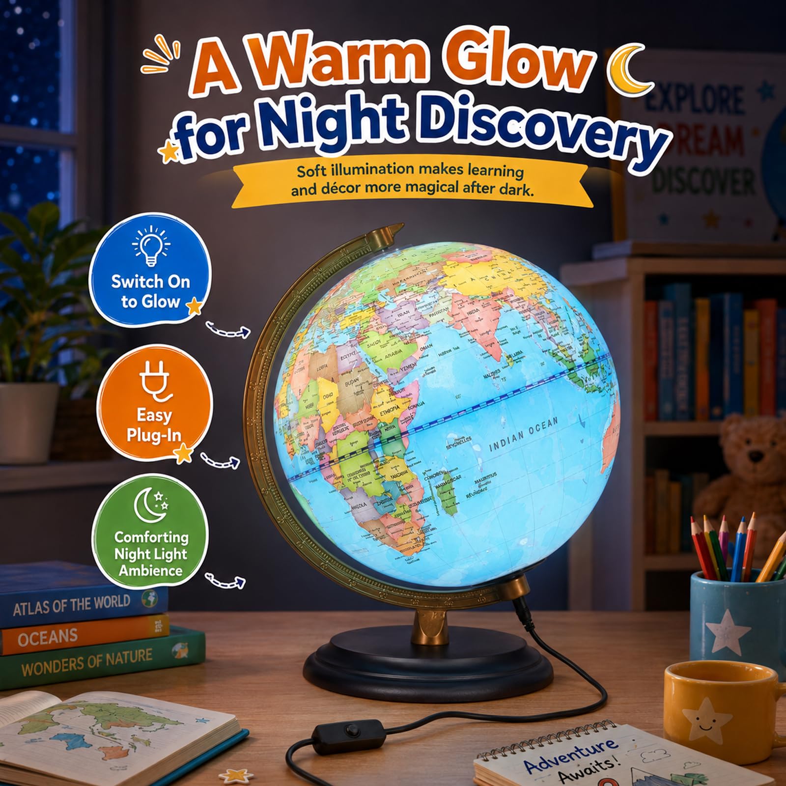 Świecący globus drewniany cokół, National Geographic globus ucznia, wszechstronność obrazu mapy w języku angielskim, świecąca lampa LED i dekoracja, astronomiczny globus, prezent dla dzieci