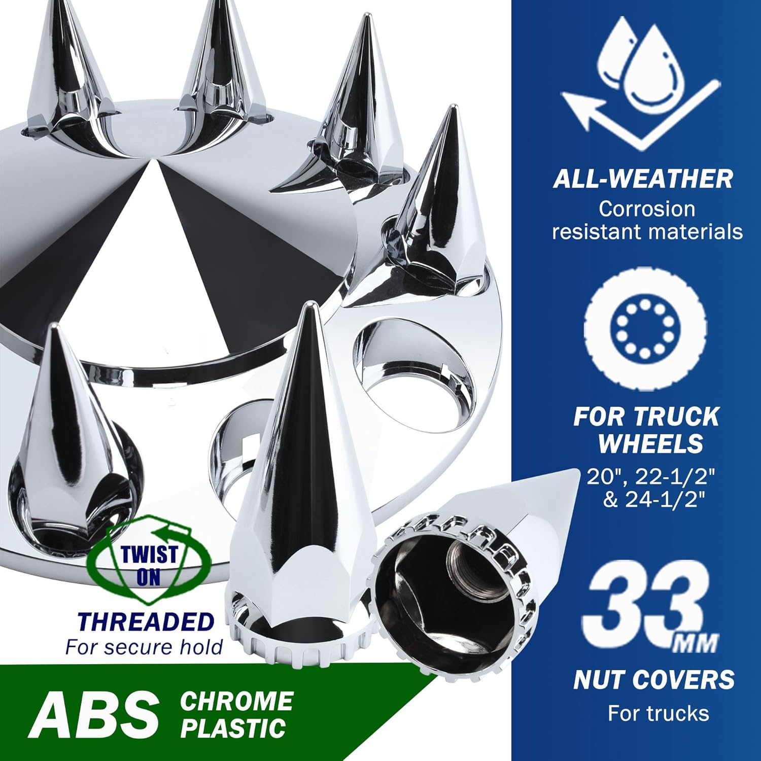 2 Front Spiked Axle Wheel Covers - 2 Front Axle Hub Covers with 33mm Thread-On Chrome Lug Nut Covers for Semi Truck (Installation Tool Included)