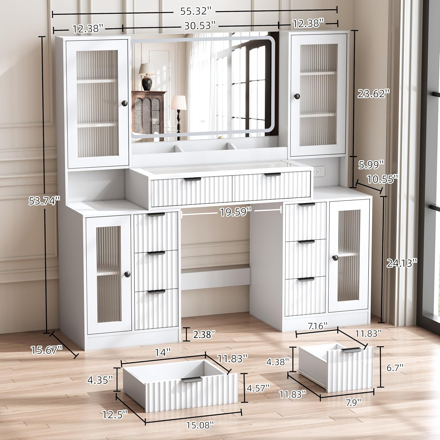 55" Vanity Desk with Mirror & Lights, Fluted Makeup Vanity with 8 Drawers & 4 Cabinets, Tempered Glass Top, RGB Cabinet Lighting, 3-Color Dimmable Mirror, and Charging Station