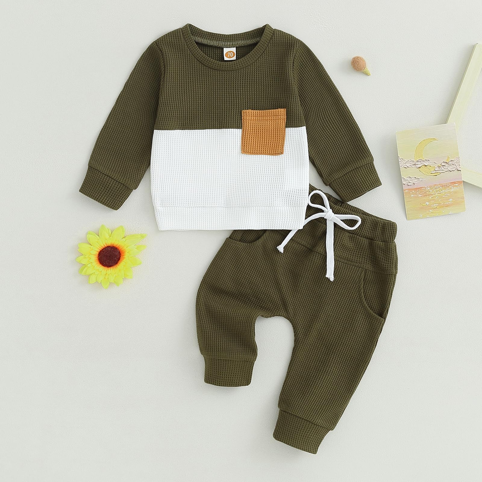 GGBNOMER Toddler Baby Boy Fall Clothes Waffle Contrast Color Sweatshirt Pants Sets Infant Winter Outfits 6 12 18 24 Months (Army Green, 0-6 Months)