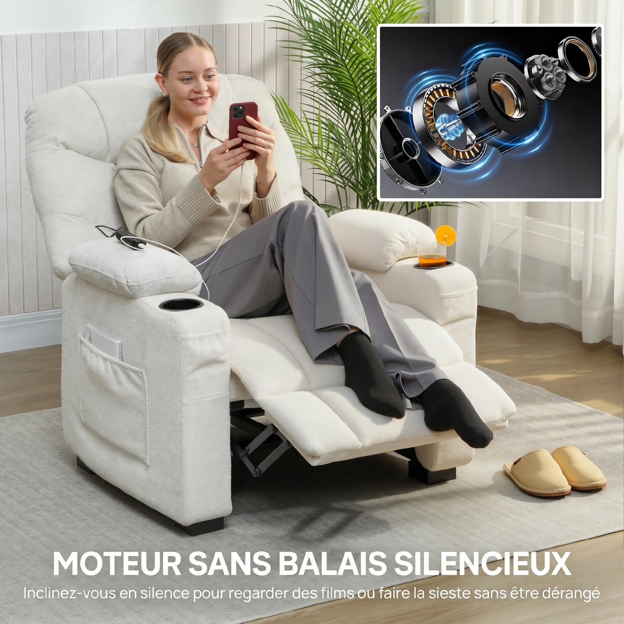 HOMCOM Fauteuil Relax électrique, Fauteuil inclinable en Velours, Port USB, Assise Large, Repose-Pieds, Porte-gobelets, Poches latérales, télécommande, Moteur Silencieux, 2 Positions mémoire, crème